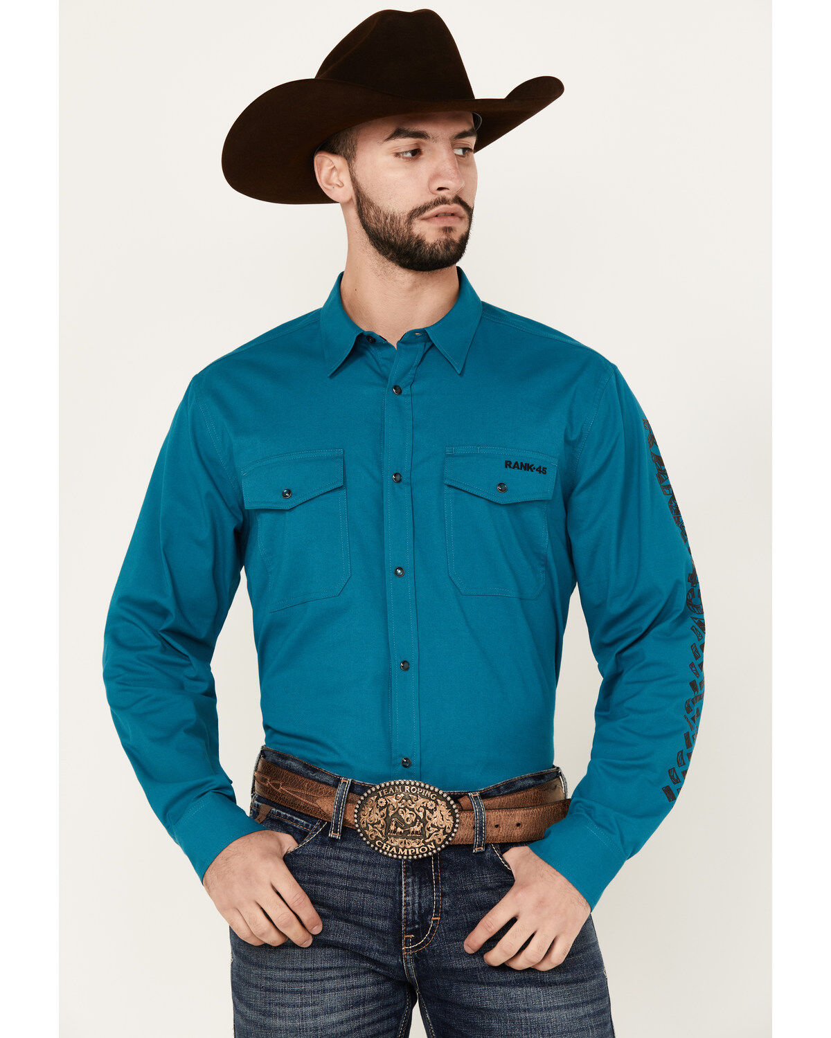 RANK 45&reg; Men's Solid Logo Long Sleeve Performance Stretch Western Shirt