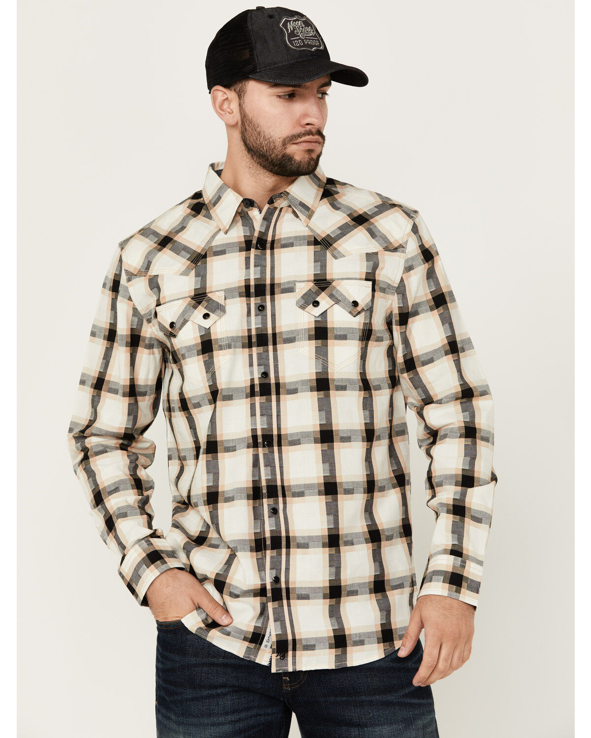 Moonshine Spirit Men's Crescendo Plaid Print Long Sleeve Snap Western Shirt
