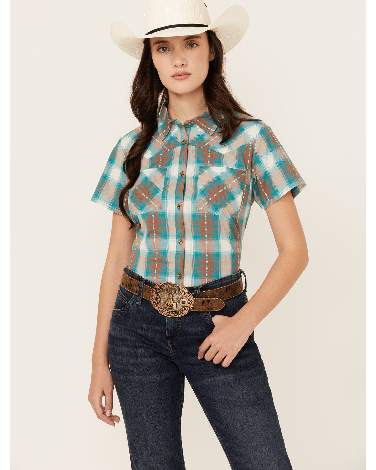 Shyanne Women's Plaid Print Short Sleeve Button-Down Stretch Western Shirt
