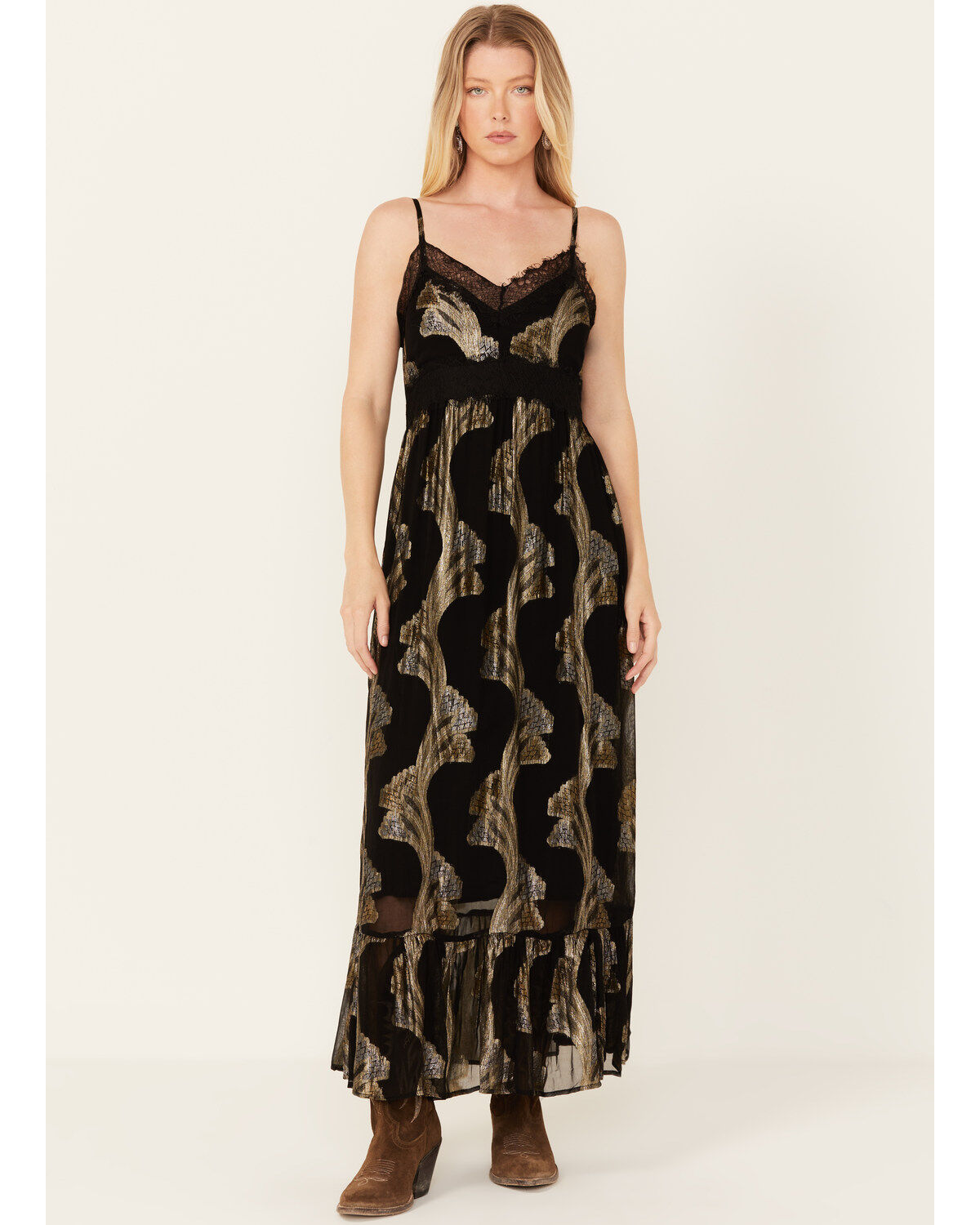 Idyllwind Women's Verde Lace Inset Metallic Print Maxi Dress