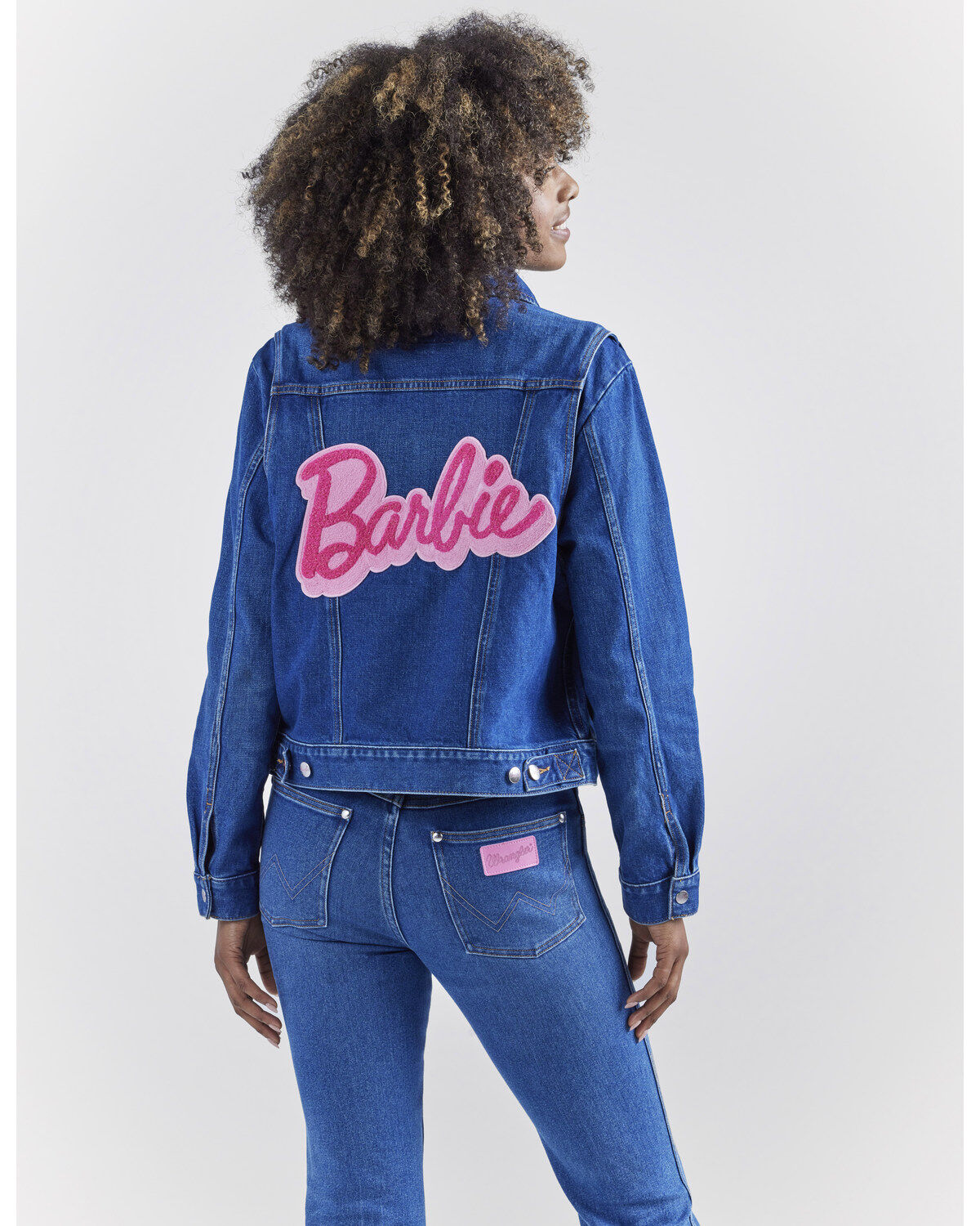 Wrangler&reg; X Barbie&trade; Women's Dark Wash Barbie&trade; Logo Zip Front Denim Jacket