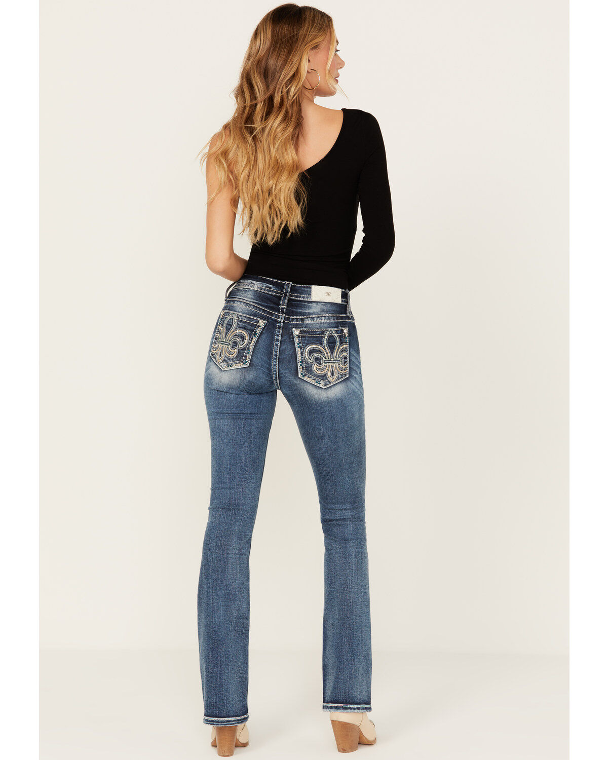 Miss Me Women's Dark Wash Mid Rise Fleur de Lis 34 Bootcut Stretch Denim Jeans