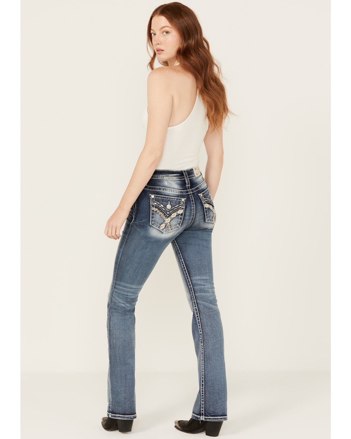 Miss Me Women's Medium Wash Geometric Braid Mid Rise 34 Bootcut Stretch Denim Jeans