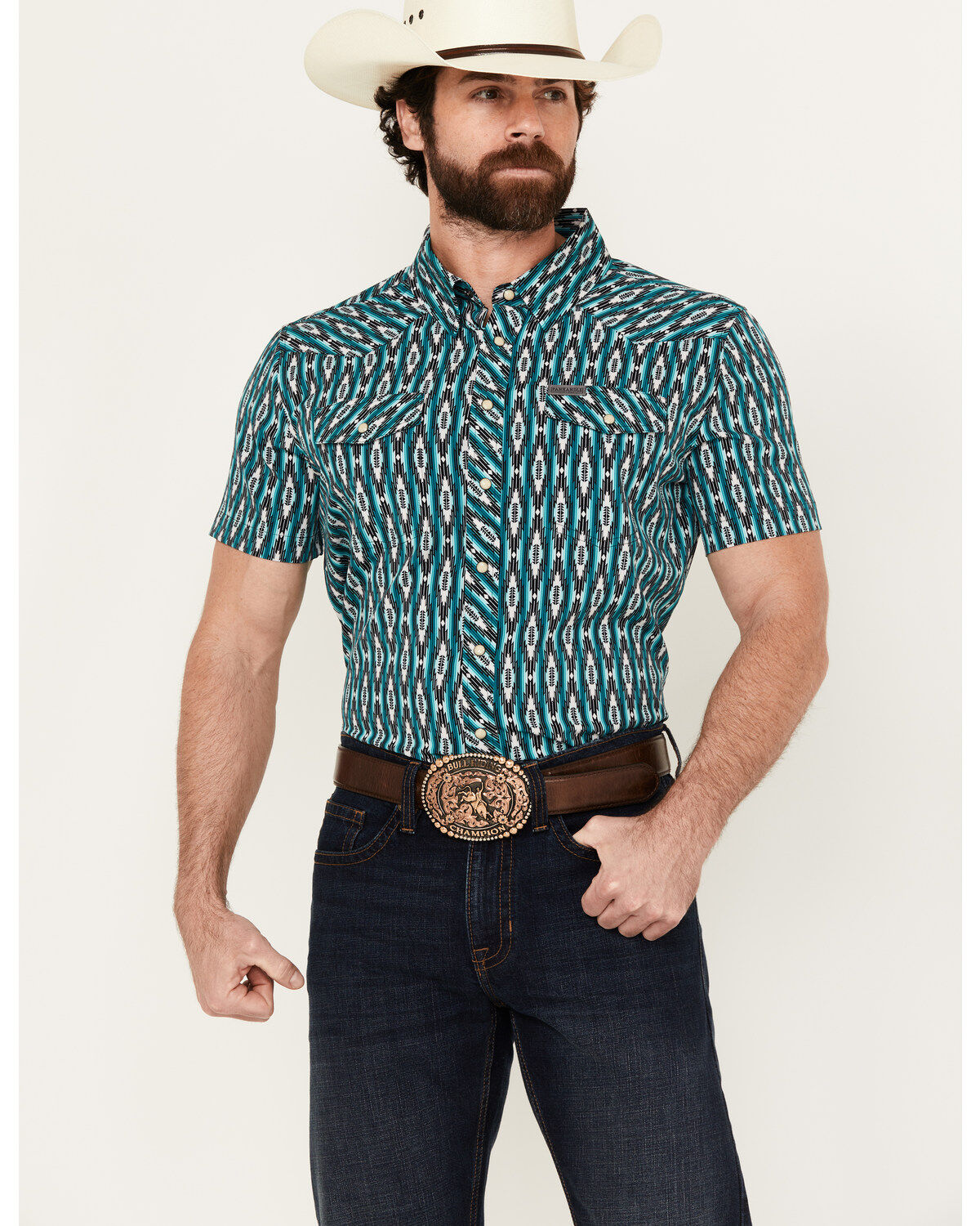 Panhandle Men's Southwestern Print Short Sleeve Snap Western Stretch Western Shirt