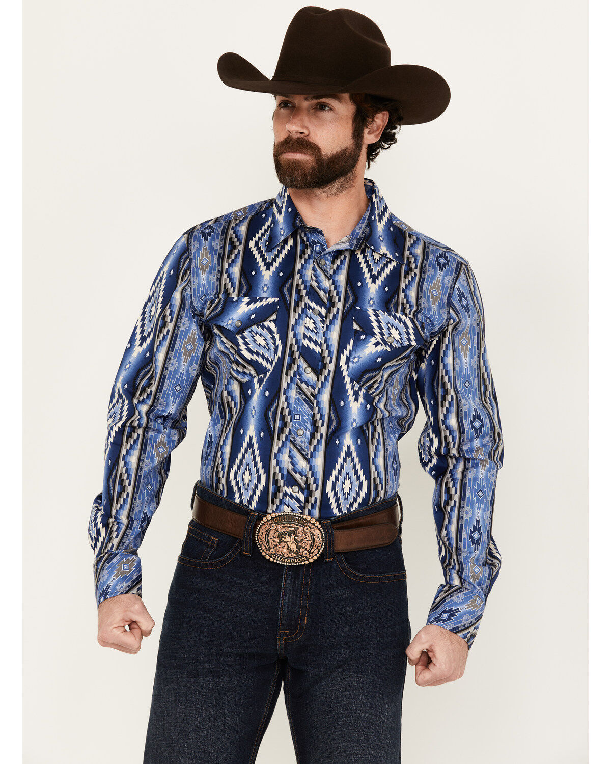 Rock & Roll Denim Men's Southwestern Striped Long Sleeve Pearl Snap Stretch Western Shirt