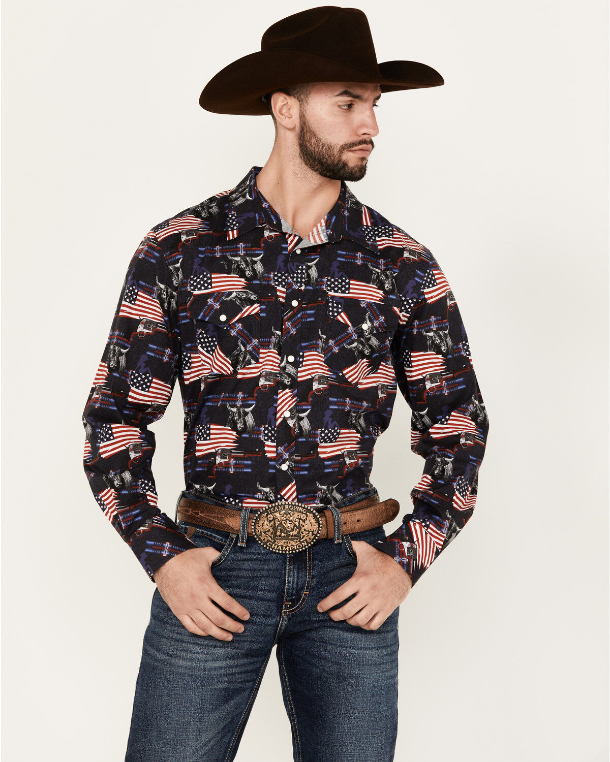 Rock & Roll Denim Men's Americana Print Long Sleeve Snap Stretch Western Shirt