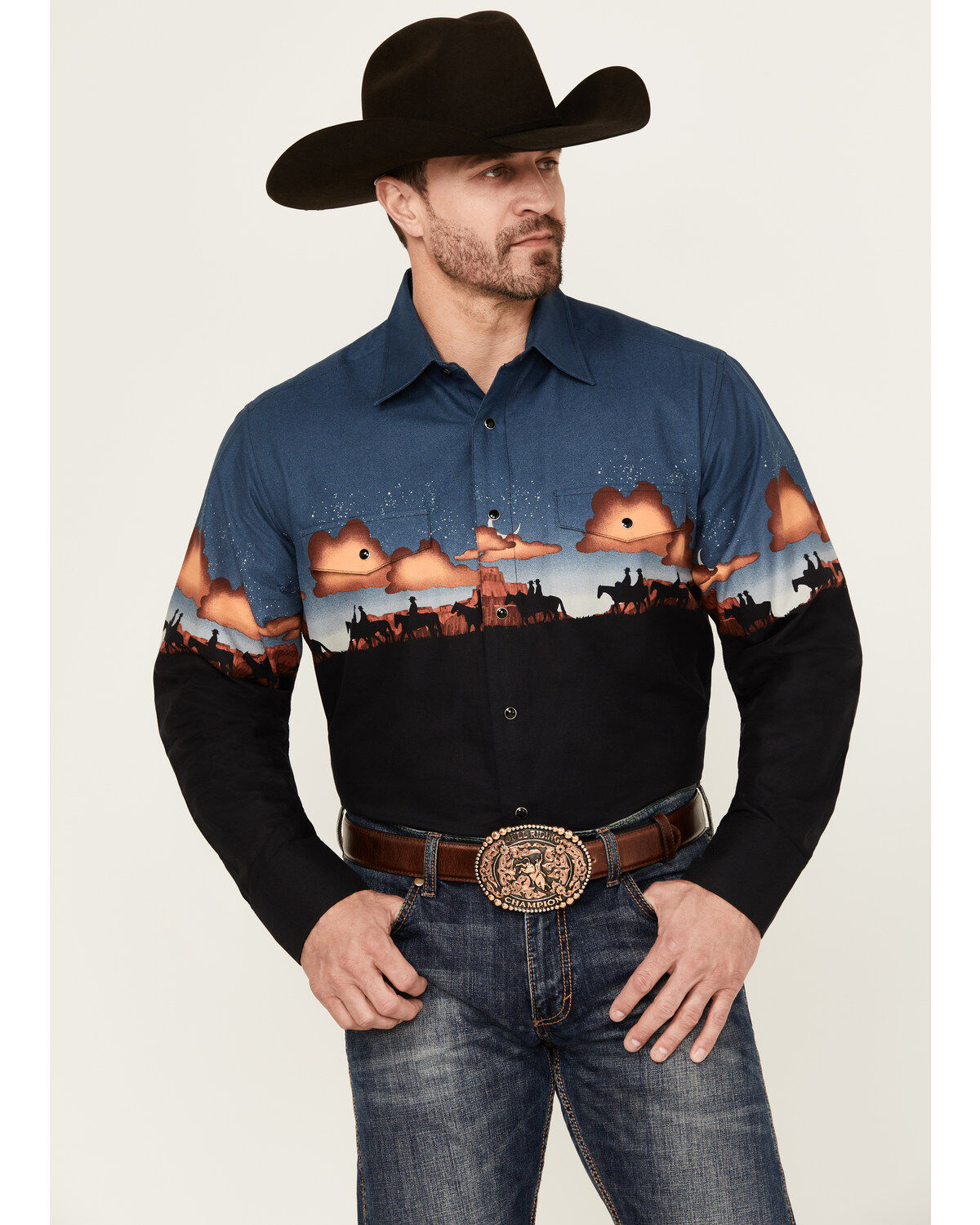Panhandle Men's Scenic Border Long Sleeve Snap Western Shirt
