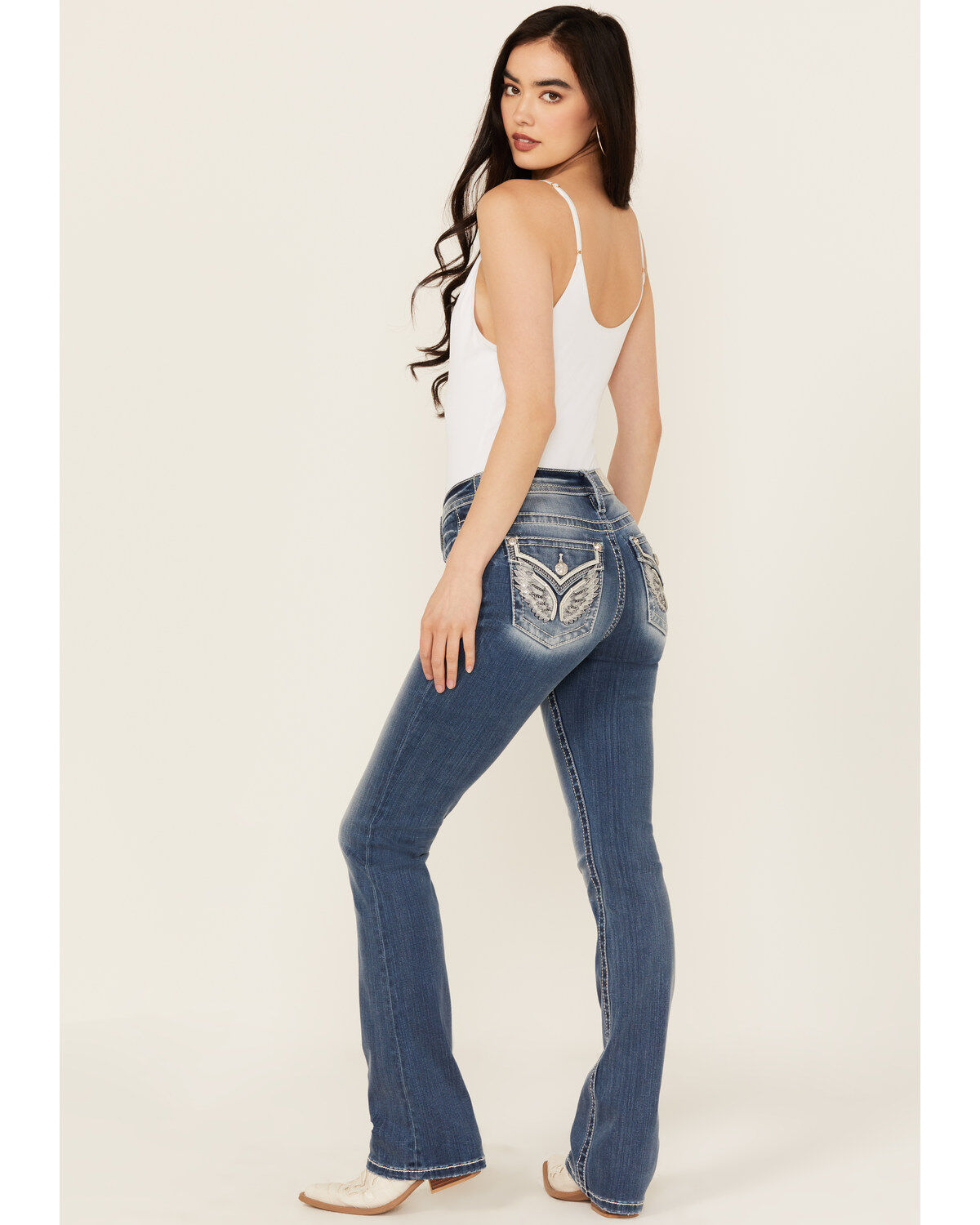 Miss Me Women's Medium Wash Mid Rise Wing Pocket 34 Bootcut Stretch Denim Jeans