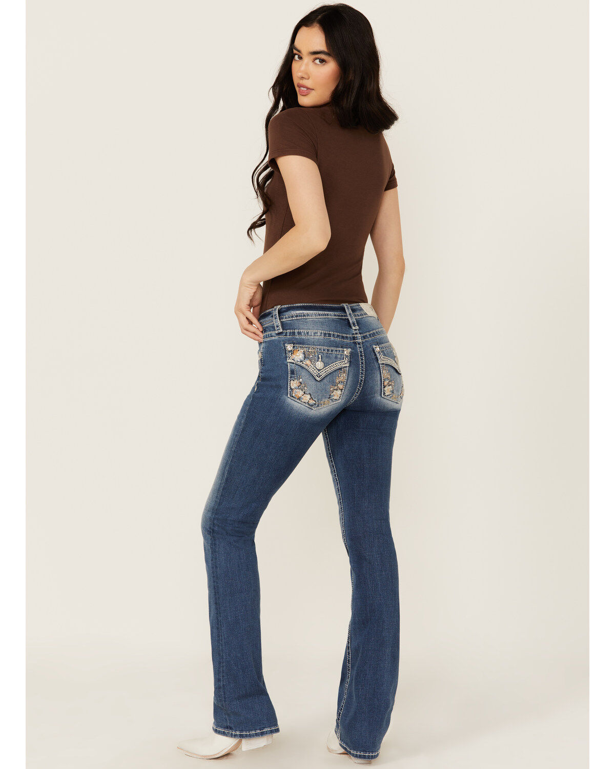 Miss Me Women's Medium Wash Floral Border Pocket 34 Bootcut Stretch Denim Jeans