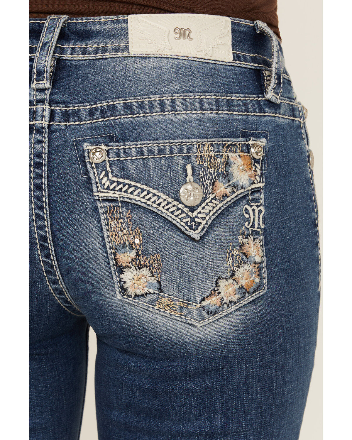 Miss Me Women's Medium Wash Floral Border Pocket 34 Bootcut Stretch Denim Jeans