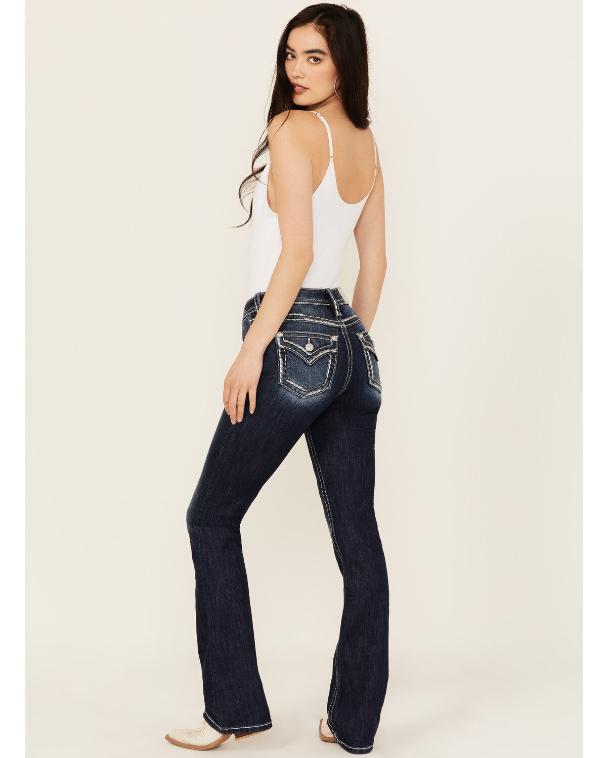 Miss Me Women's Dark Wash Mid Rise 34 Bootcut Stretch Denim Jeans