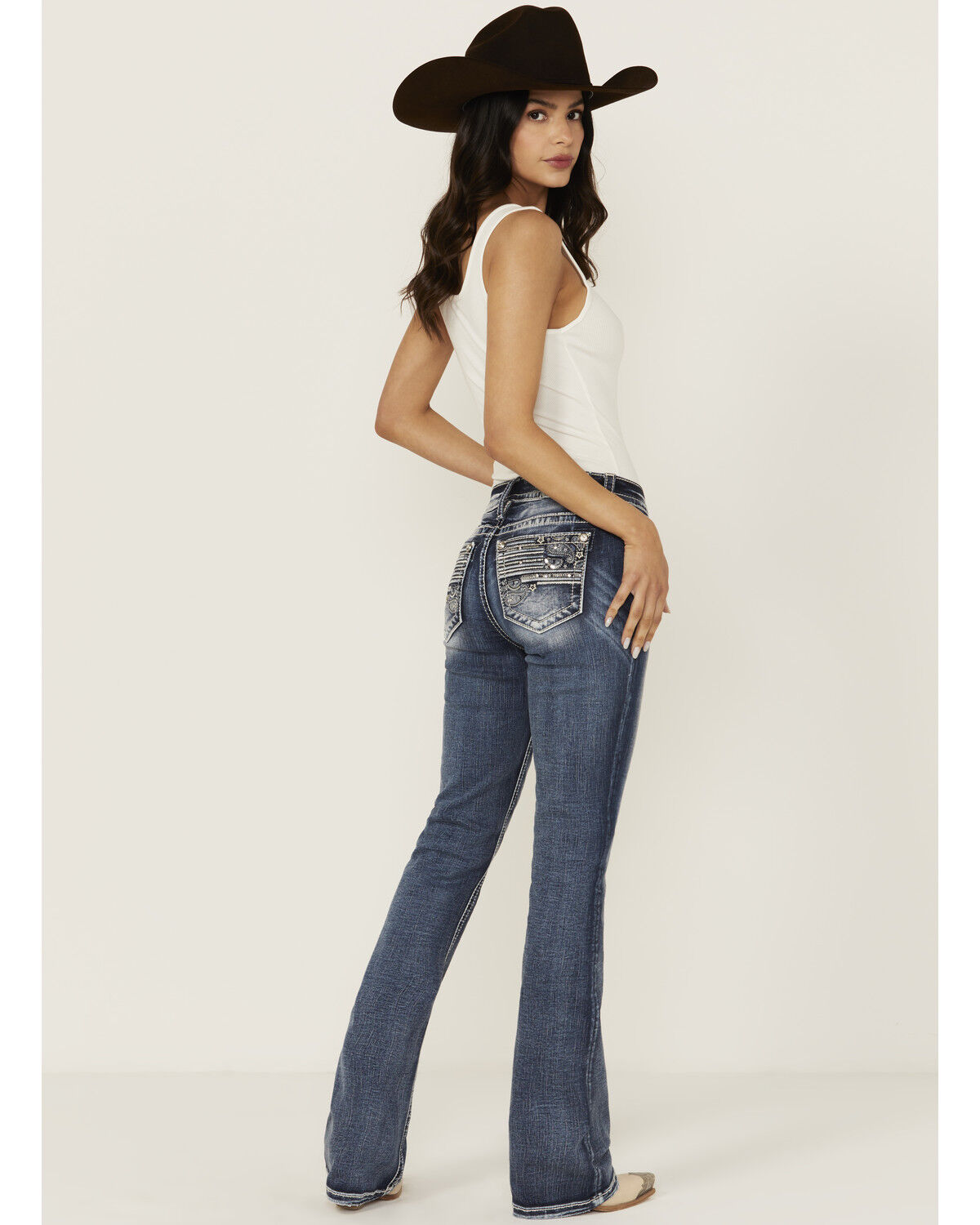 Miss Me Women's Dark Wash Mid Rise Flag Pocket 34 Bootcut Stretch Denim Jeans