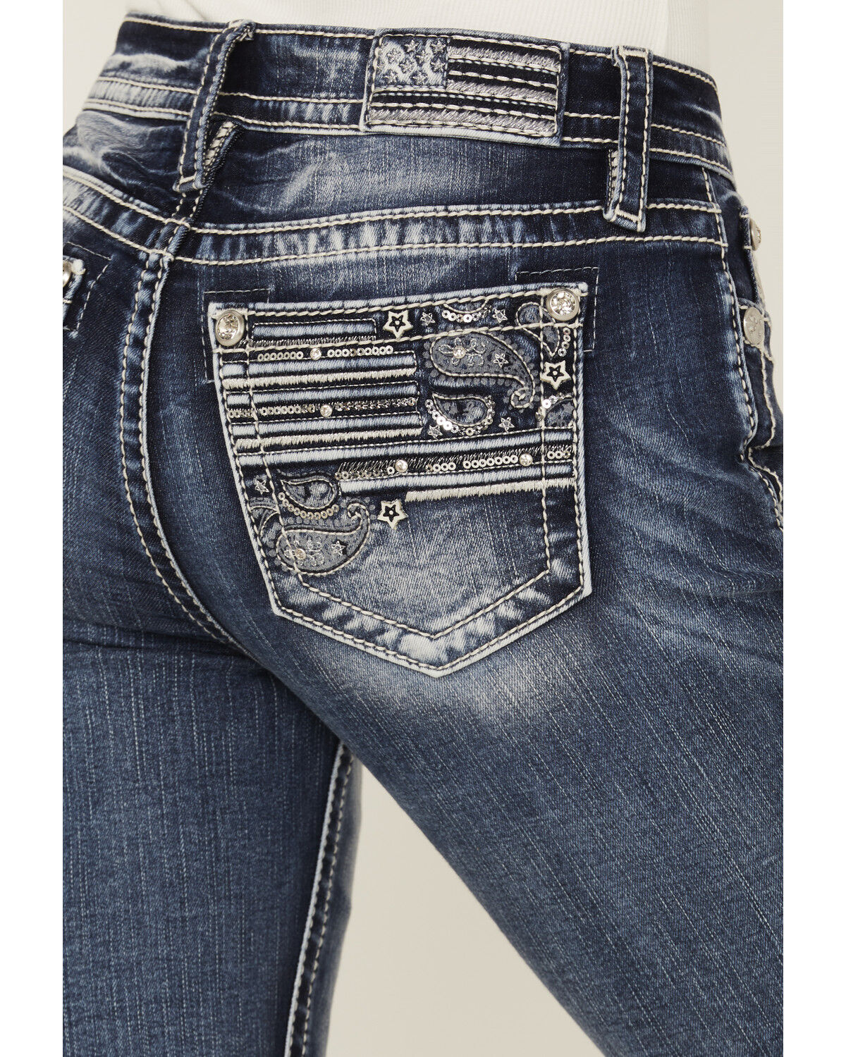 Miss Me Women's Dark Wash Mid Rise Flag Pocket 34 Bootcut Stretch Denim Jeans