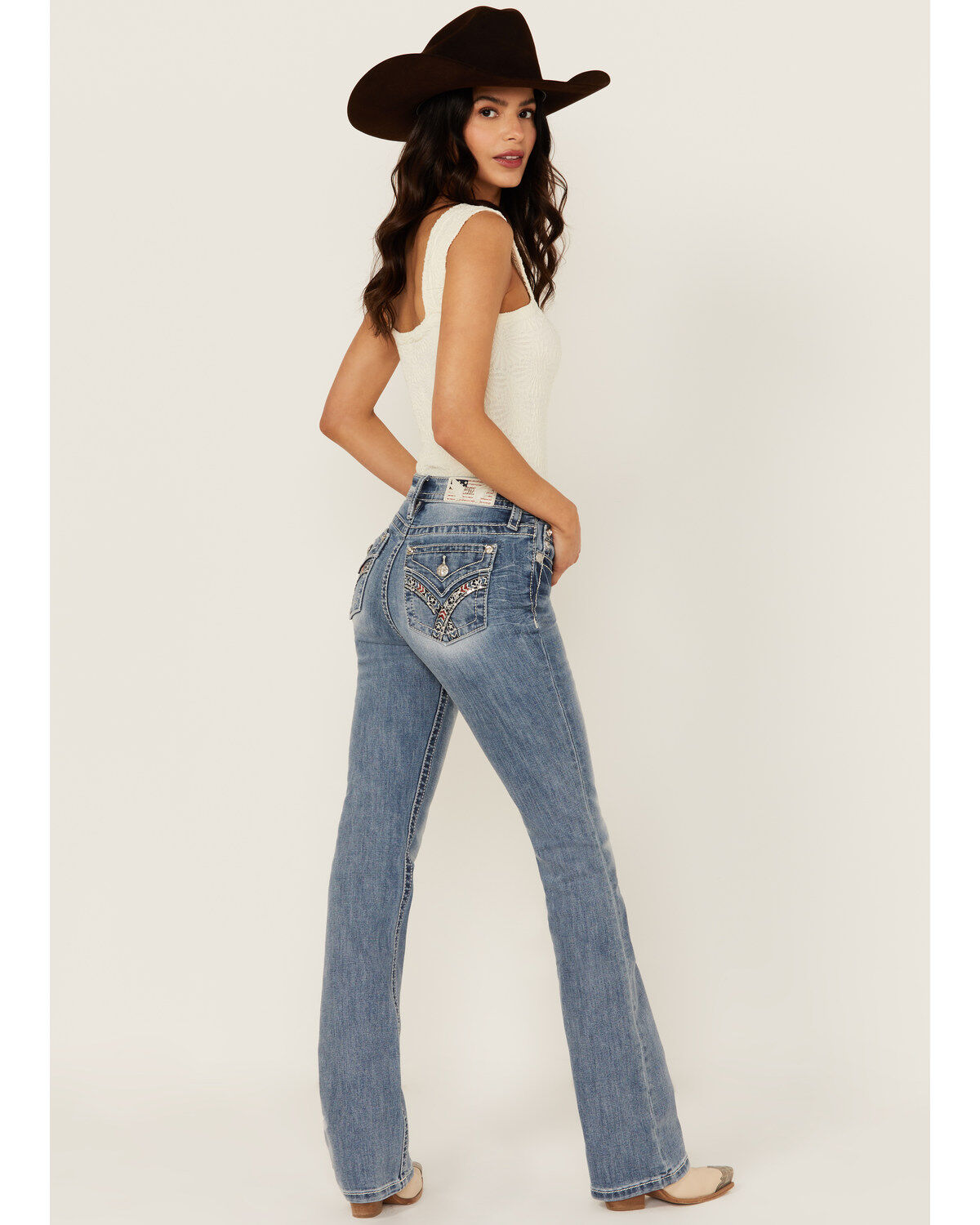 Miss Me Women's Medium Wash Mid Rise Americana Pocket 34 Bootcut Stretch Denim Jeans