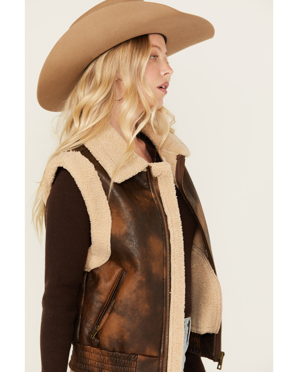 26 International Women's Faux Leather Aviator Sherpa Vest