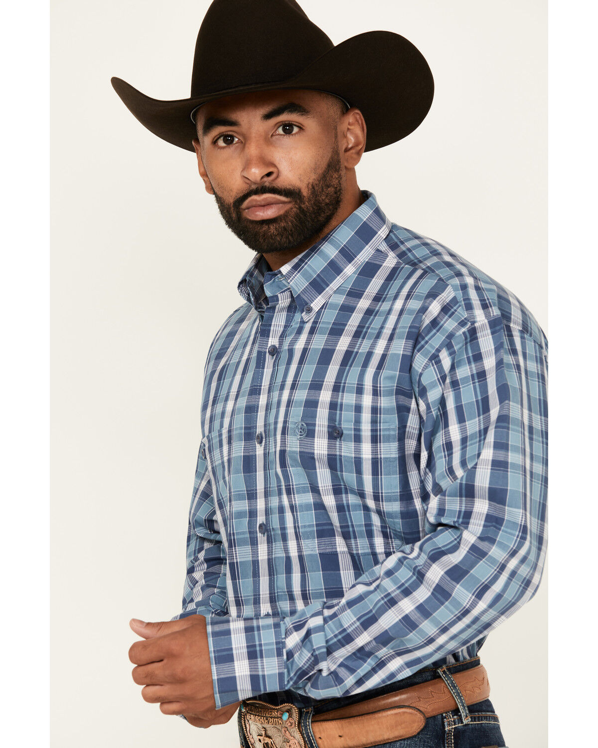 George Strait by Wrangler Men's Plaid Print Long Sleeve Stretch Western Shirt - Tall