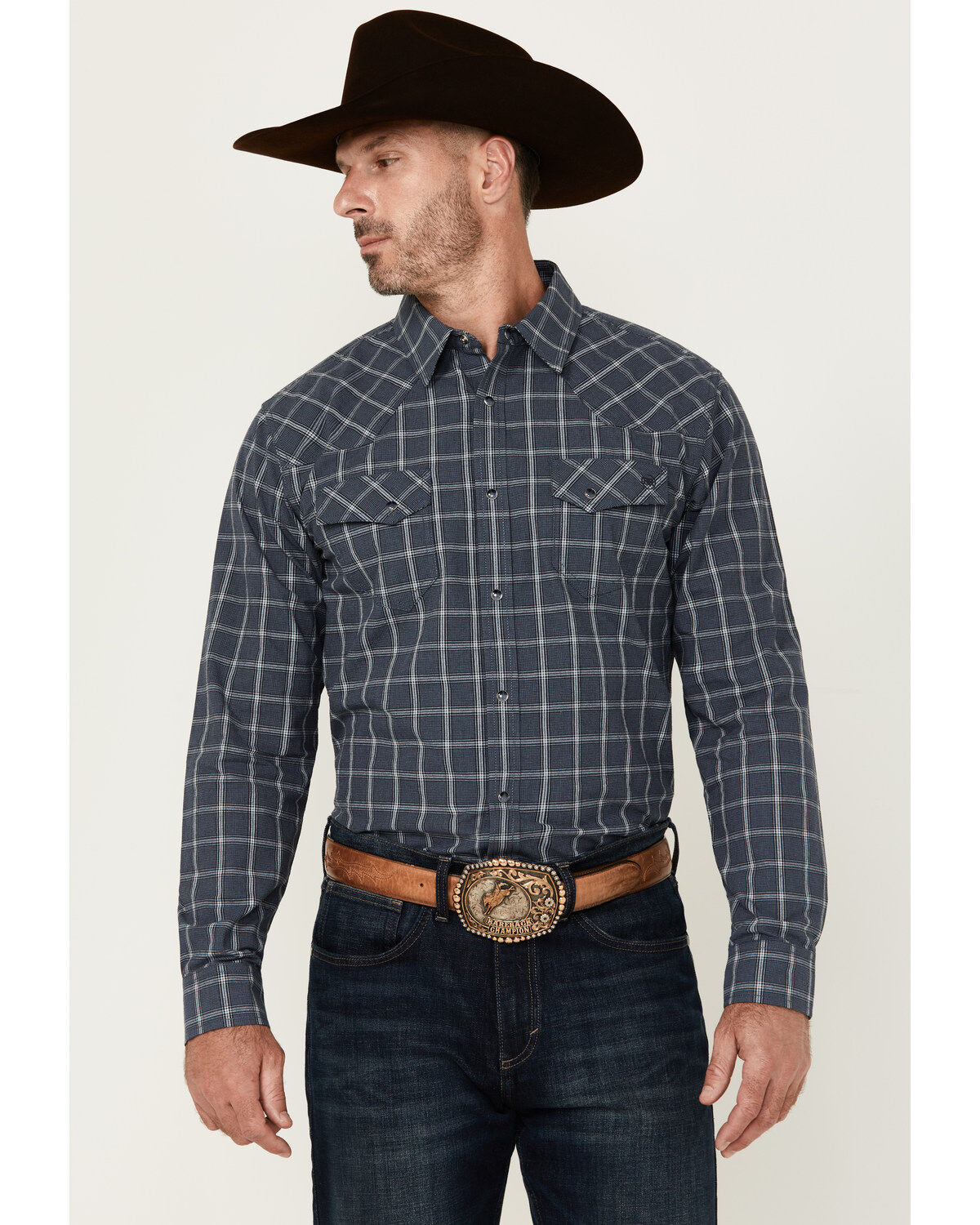 Blue Ranchwear Men's Elk Plaid Print Long Sleeve Snap Western Shirt