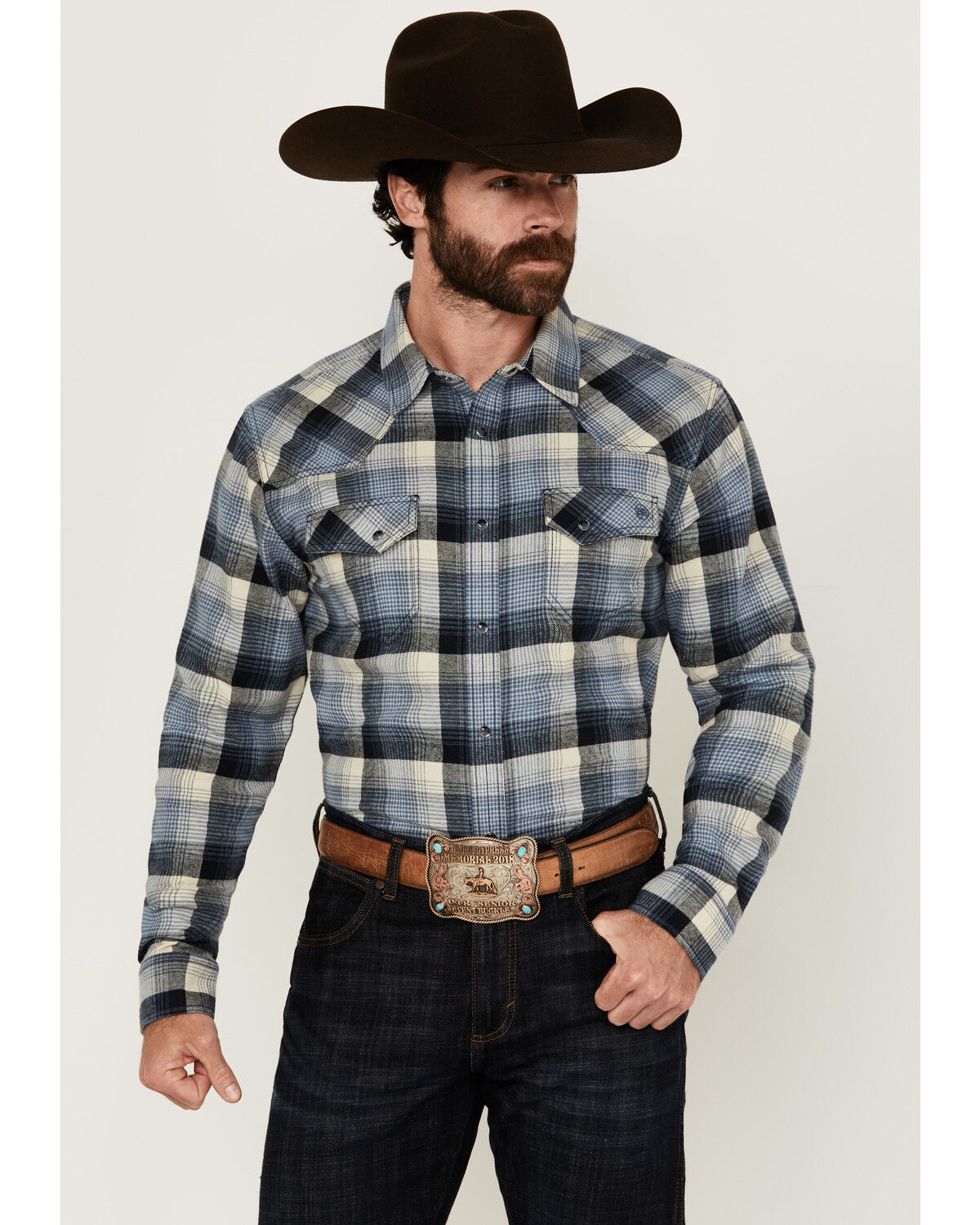 Blue Ranchwear Men's Finney Plaid Print Long Sleeve Snap Western Shirt