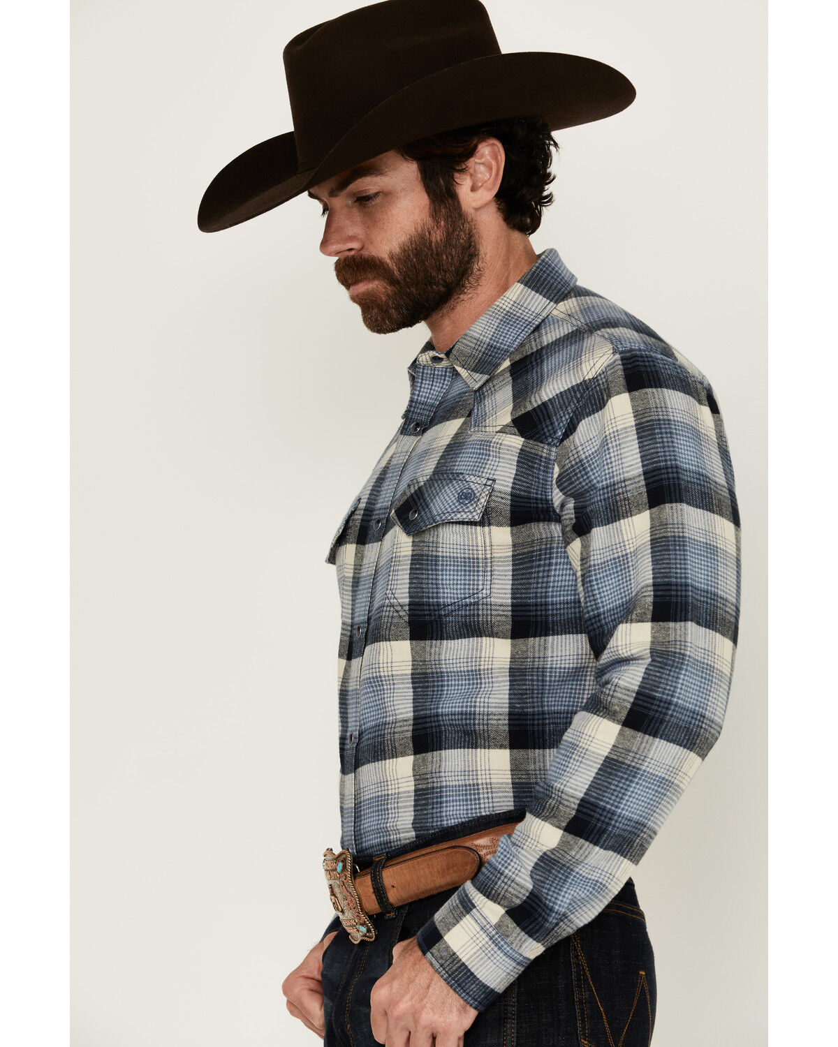 Blue Ranchwear Men's Finney Plaid Print Long Sleeve Snap Western Shirt