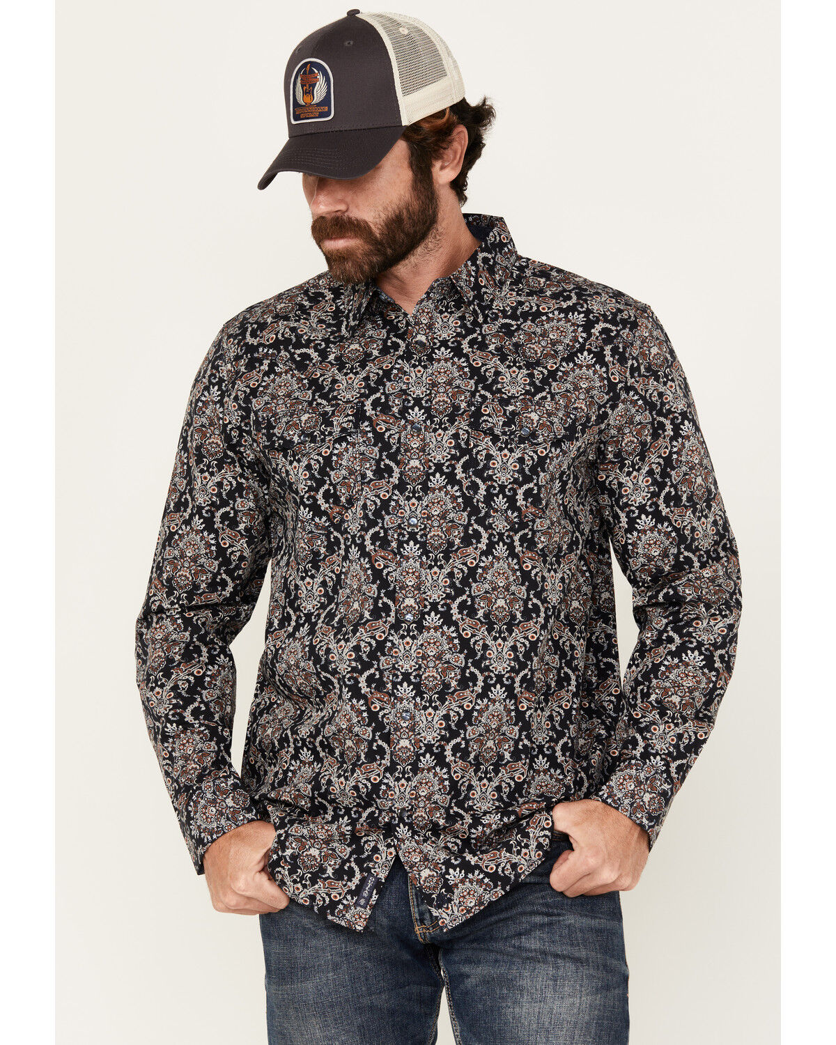 Moonshine Spirit Men's Cancion Wallpaper Floral Print Long Sleeve Pearl Snap Western Shirt