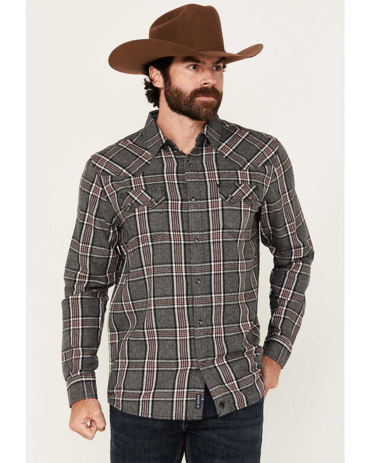 Moonshine Spirit Men's Badger Plaid Print Long Sleeve Snap Western Shirt
