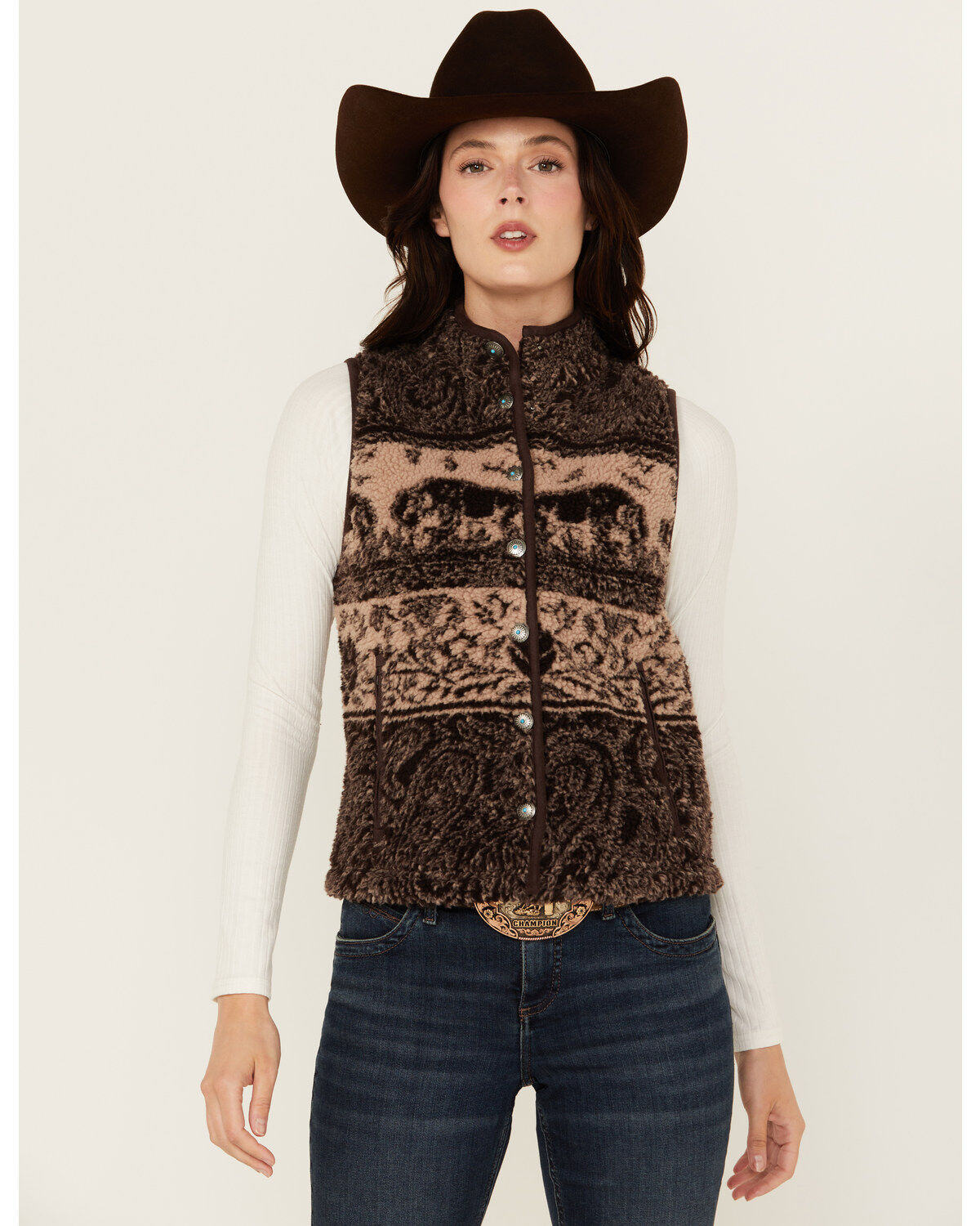 Shyanne Women's Buffalo Print Snap Sherpa Vest