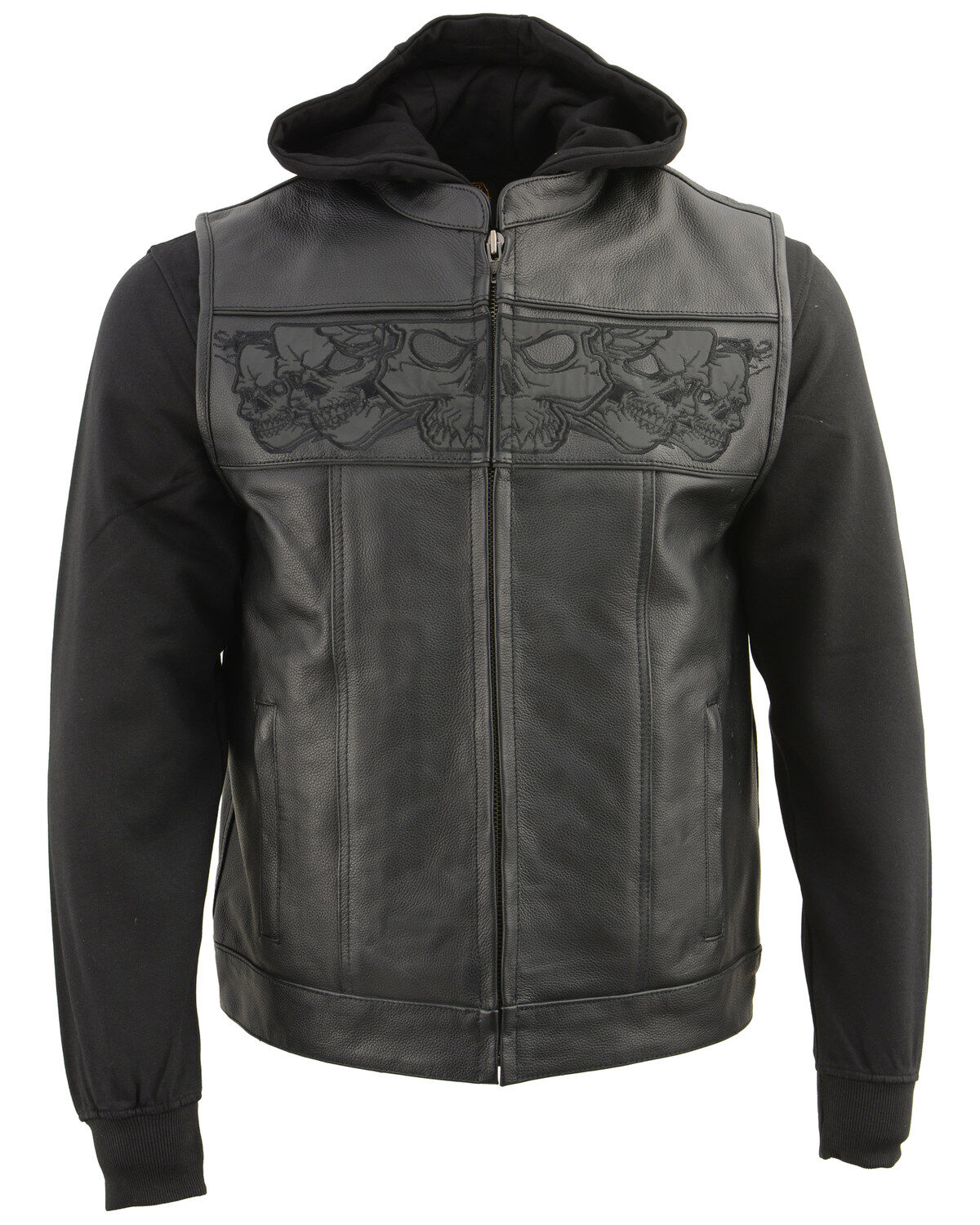 Milwaukee Leather Men's Leather Concealed Carry Vest with Reflective Skulls and Removeable Hoodie