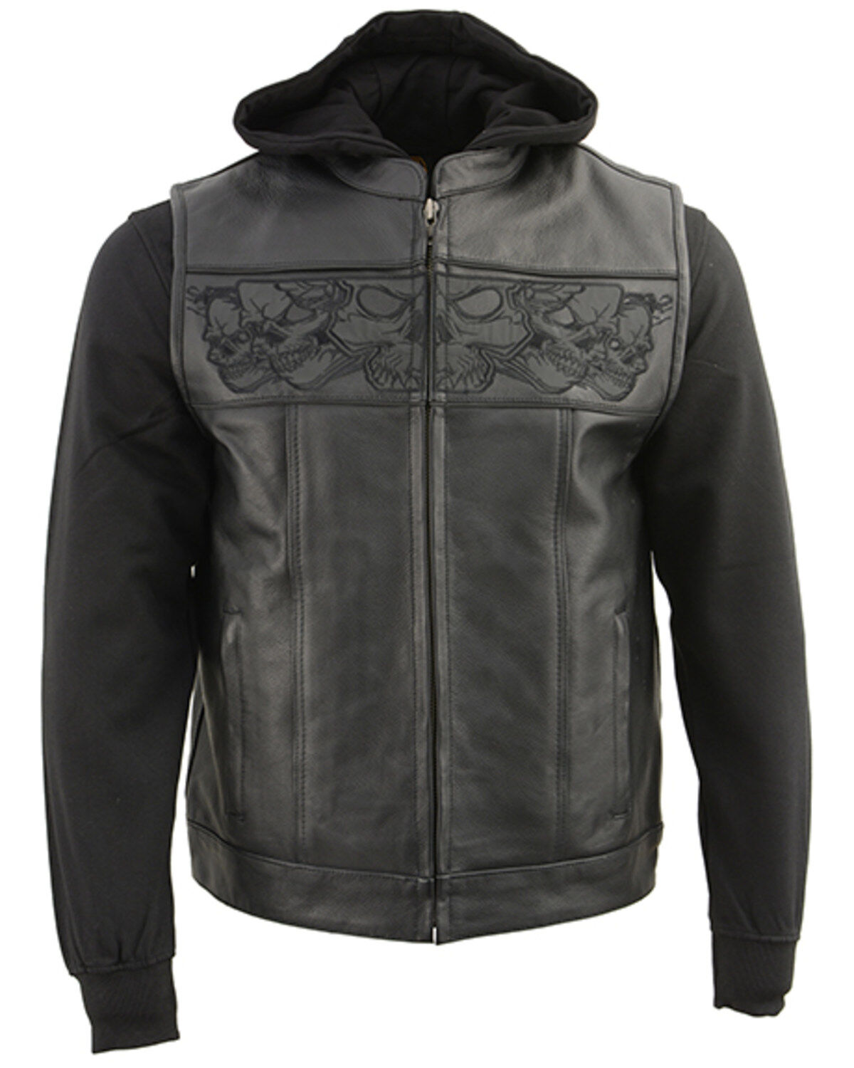 Milwaukee Leather Men's Leather Concealed Carry Vest with Reflective Skulls and Removeable Hoodie - 5X
