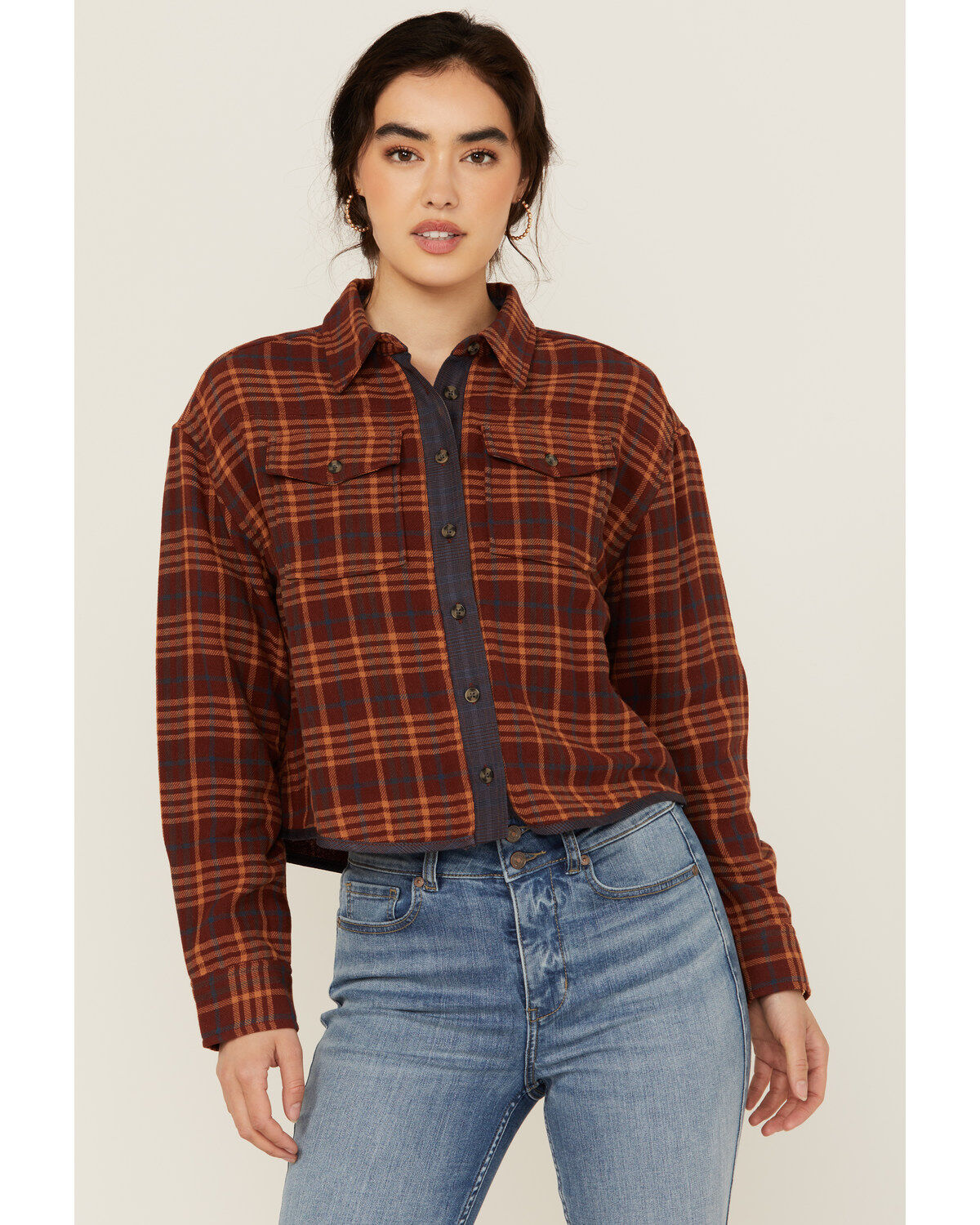 Cleo + Wolf Women's Chelsea Plaid Print Long Sleeve Button-Down Cropped Shirt