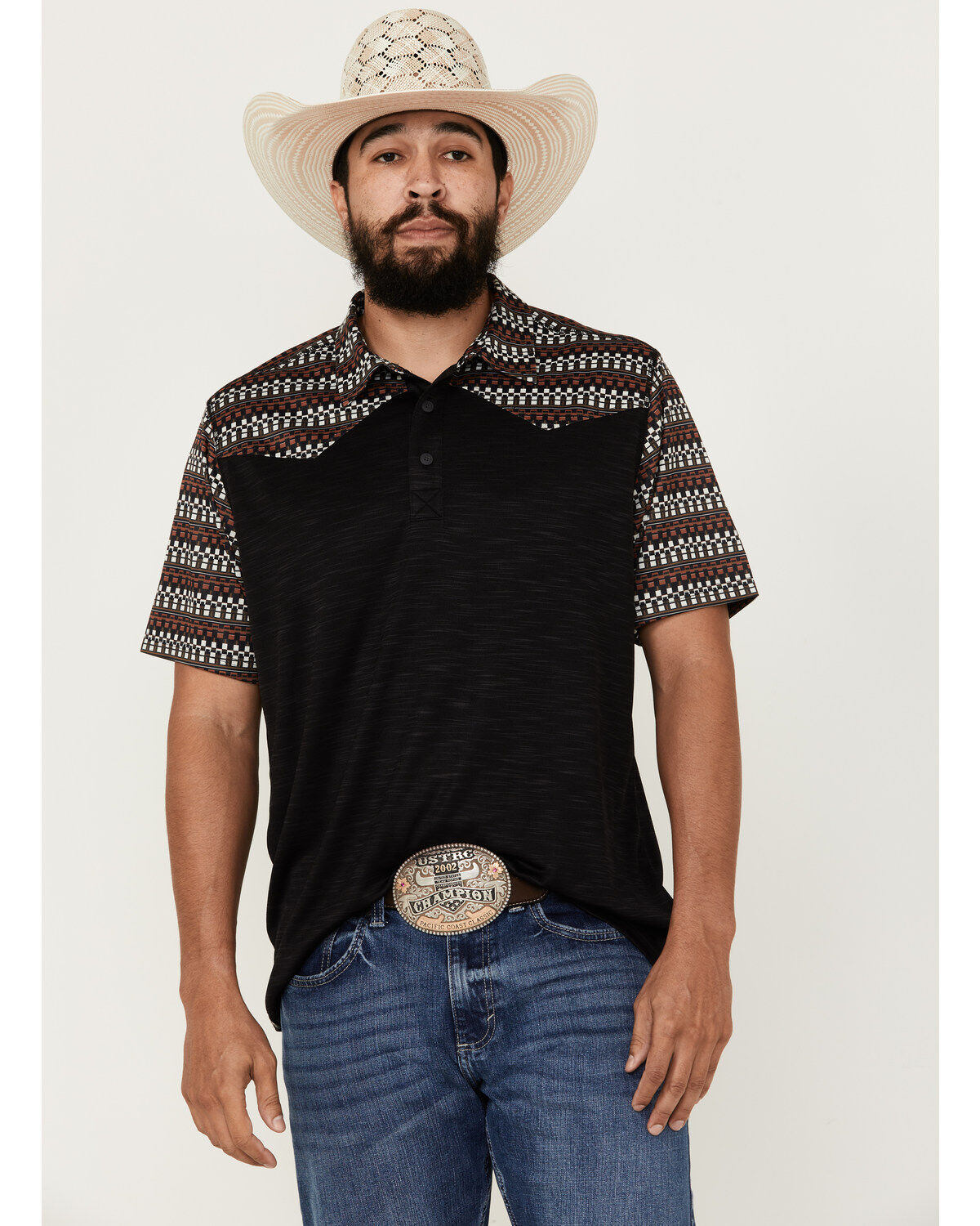 RANK 45&reg; Men's Stripewood Tech Color Block Short Sleeve Button-Down Polo Shirt