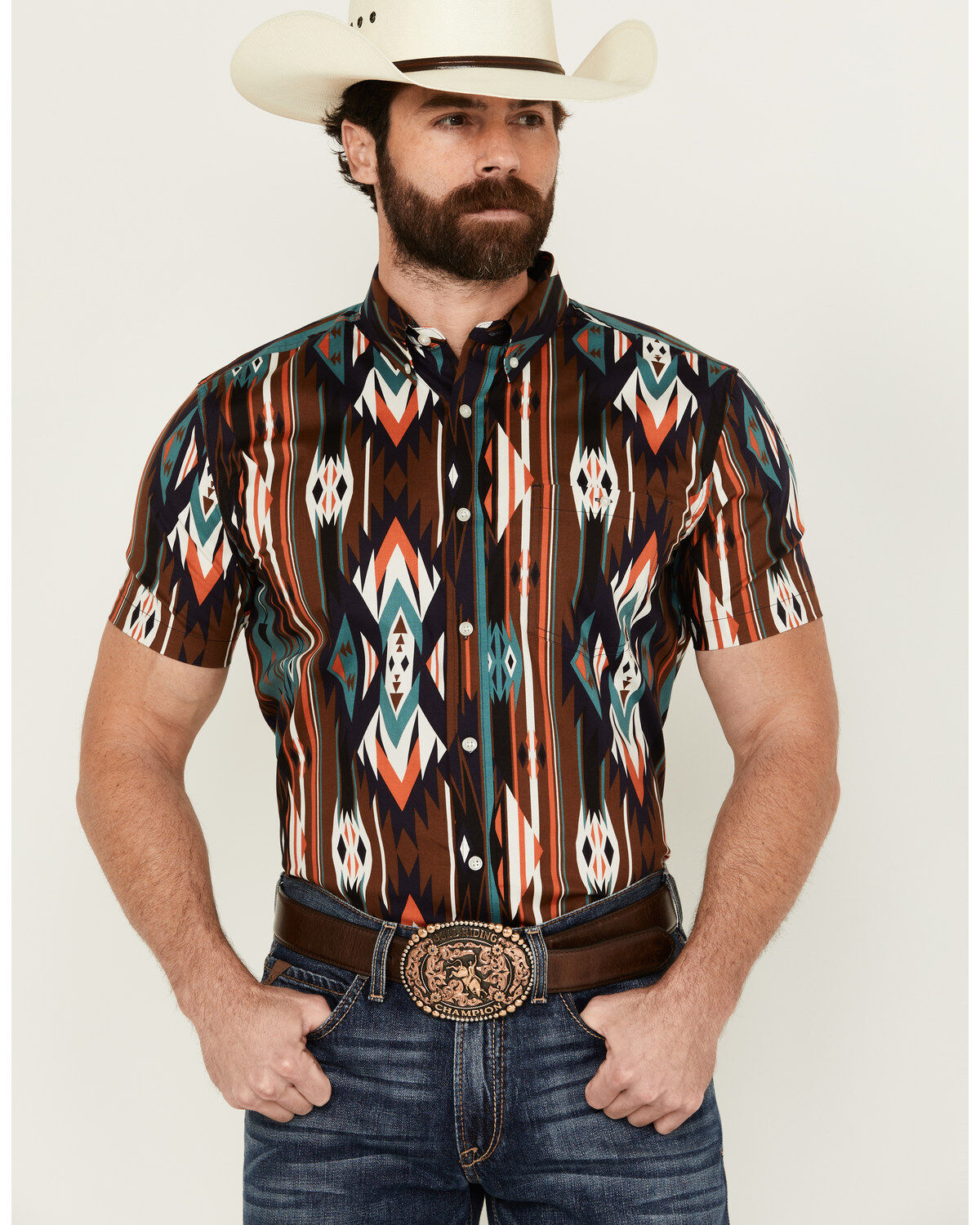 RANK 45&reg; Men's Calvaztec Southwestern Print Short Sleeve Button-Down Stretch Western Shirt
