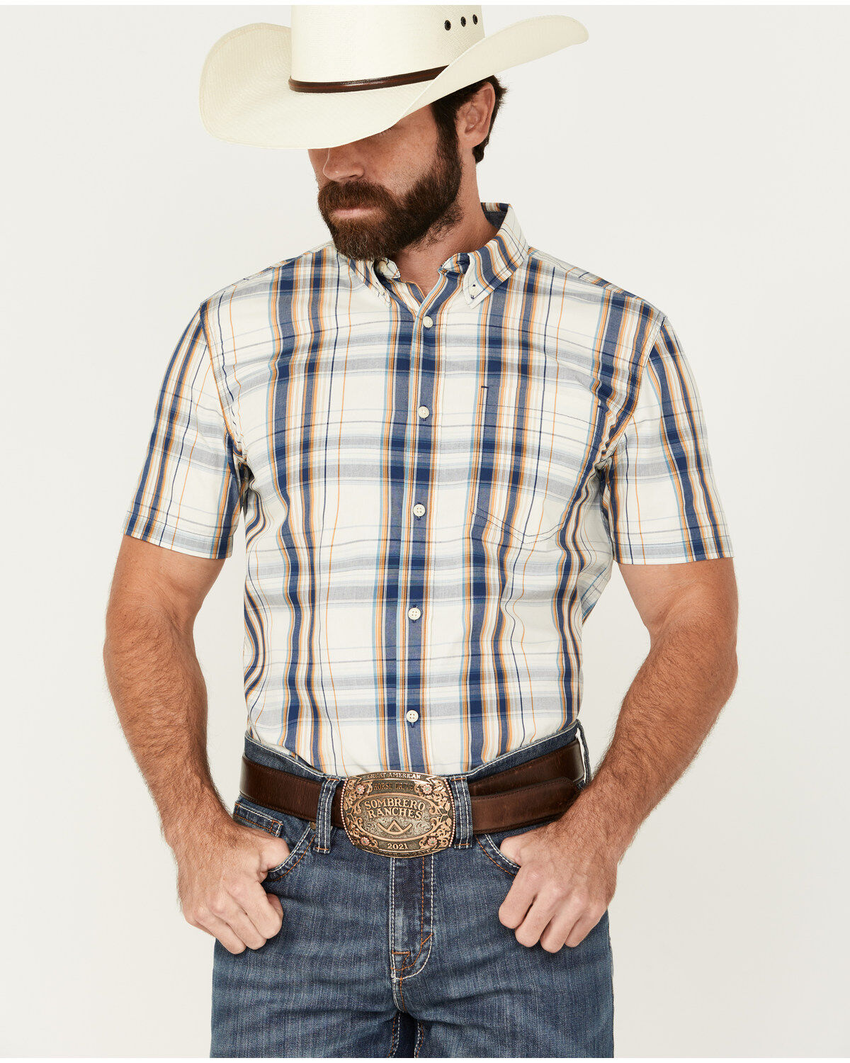 Cody James Men's Plaid Print Short Sleeve Button-Down Stretch Western Shirt