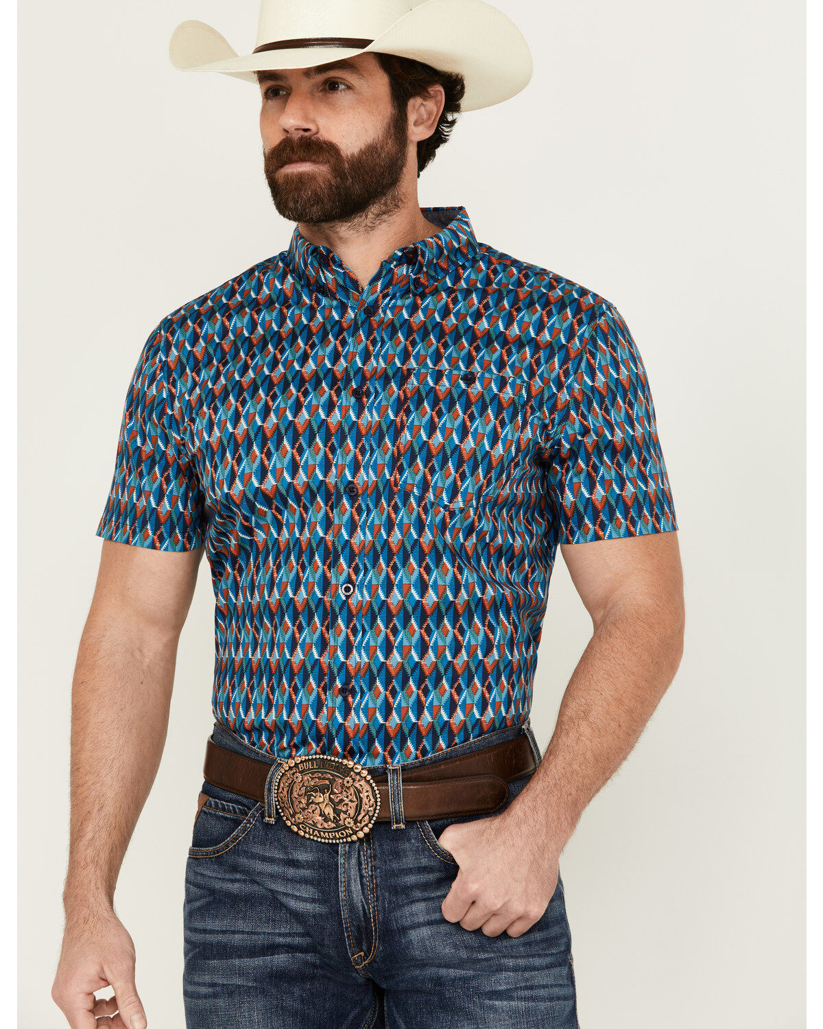 RANK 45&reg; Men's Weststamp Southwestern Geo Print Short Sleeve Button-Down Stretch Western Shirt