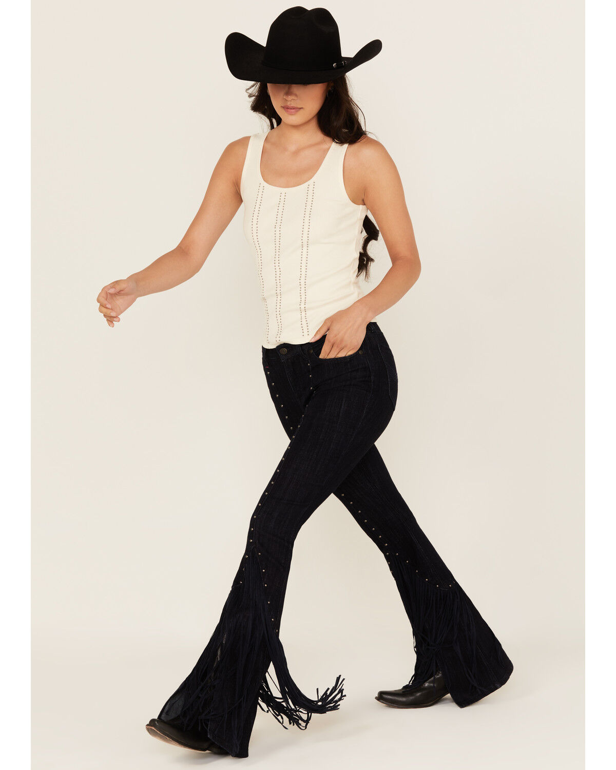 Idyllwind Women's Outlaw High Rise Studded Fringe Super Stretch Flare Jeans