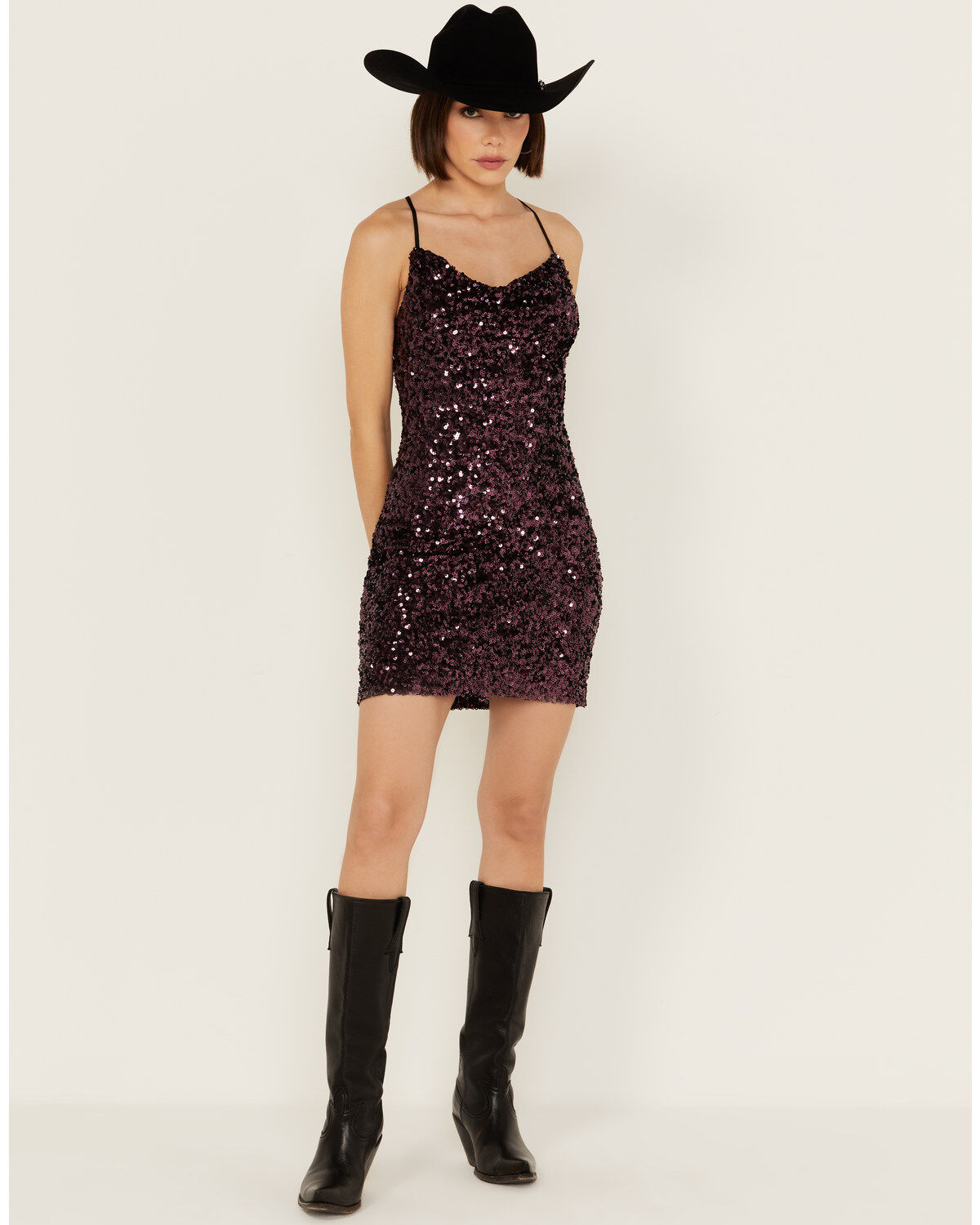 En Creme Women's Cowl Neck Sequin Mini Dress