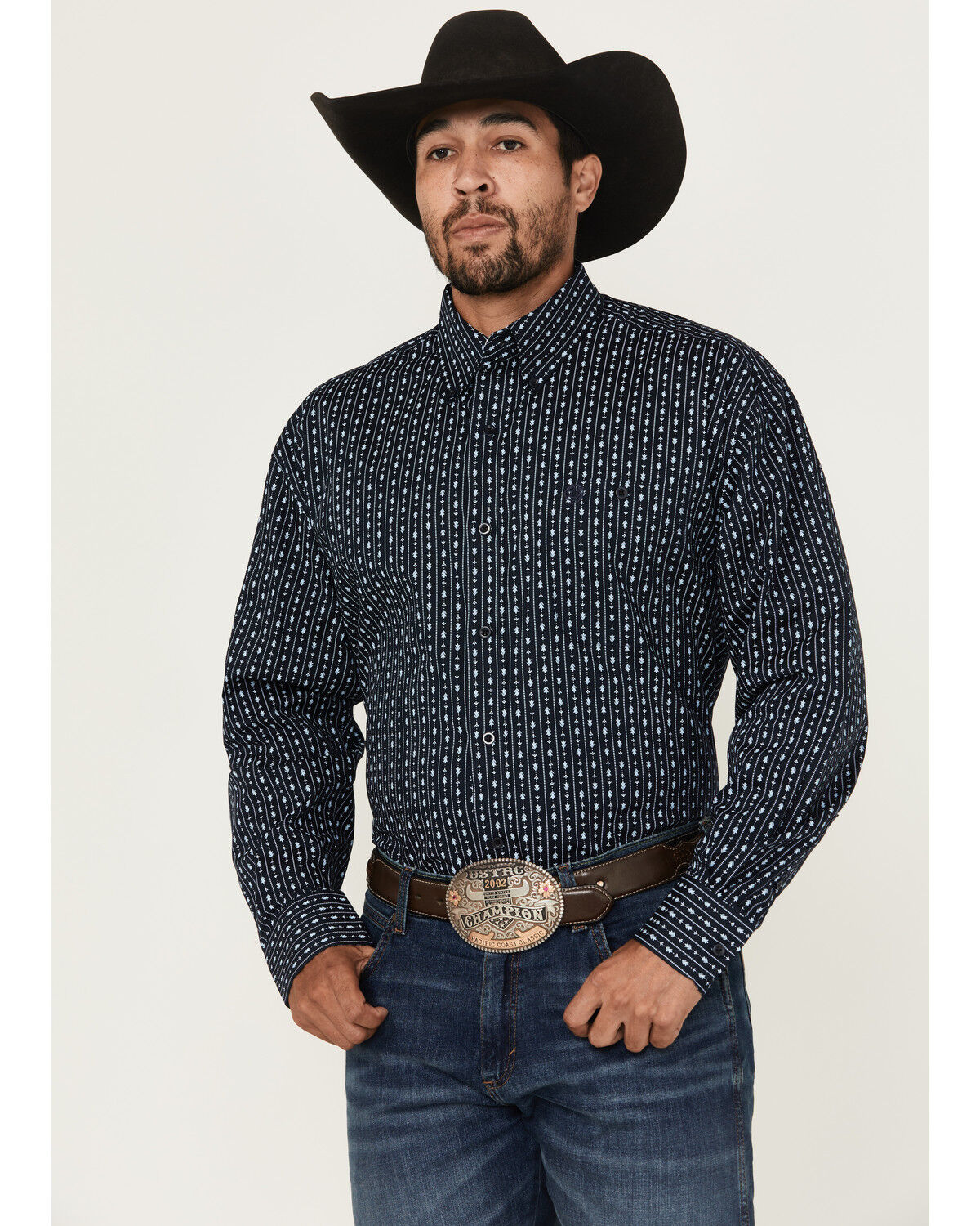 George Strait by Wrangler Men's Floral Striped Print Long Sleeve Button-Down Stretch Western Shirt - Tall