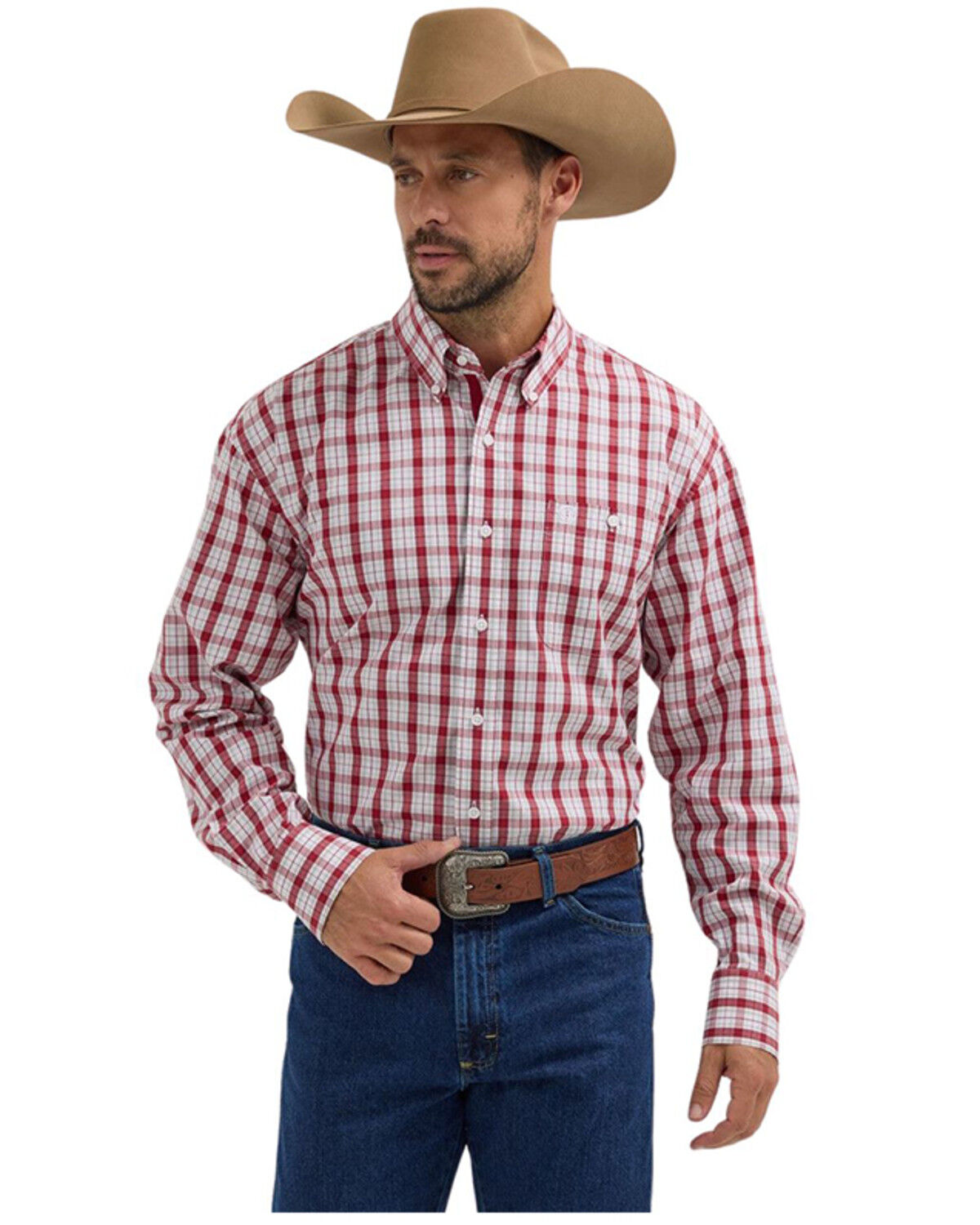 George Strait by Wrangler Men's Plaid Print Long Sleeve Button-Down Stretch Western Shirt