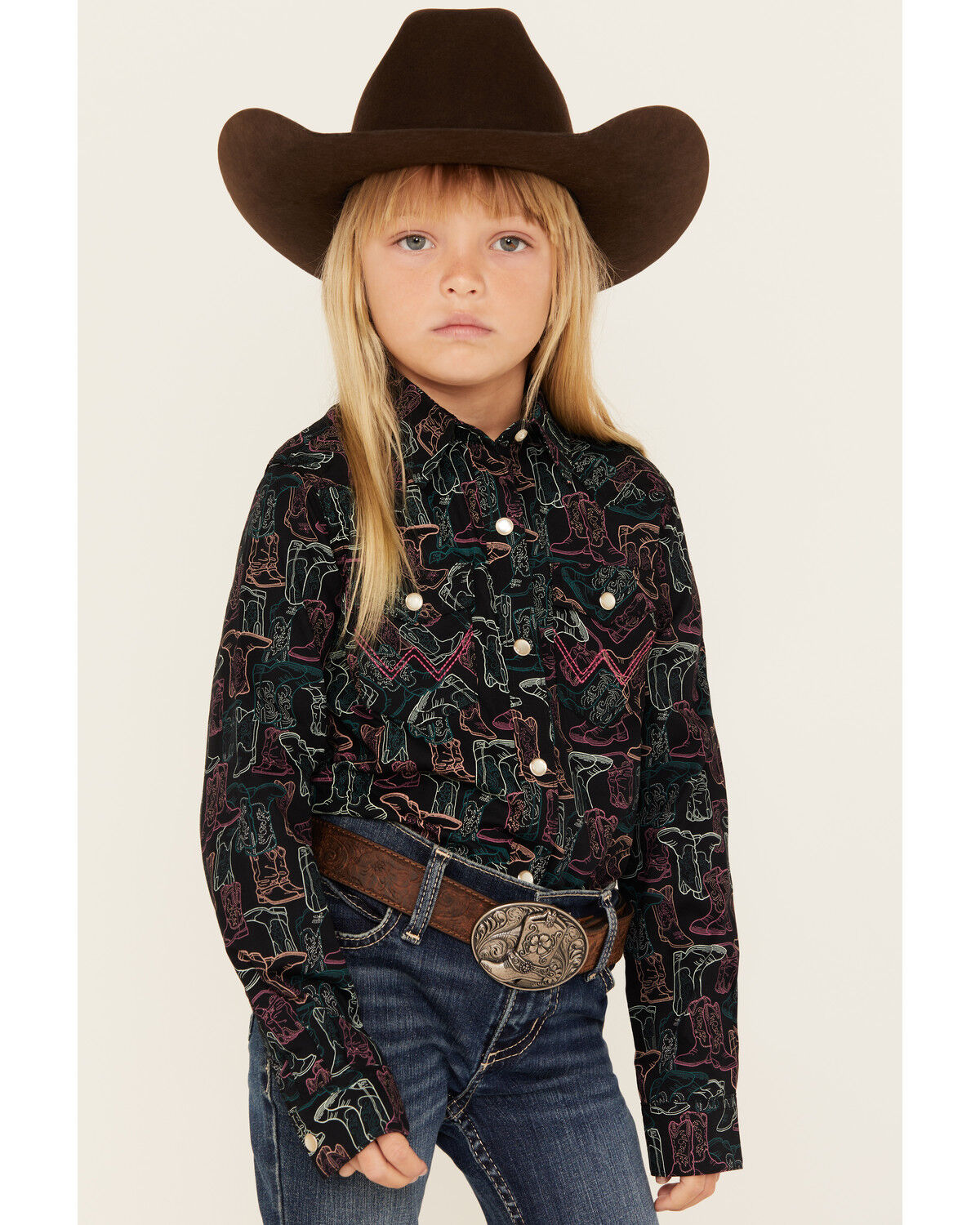 Wrangler Girls' Boot Print Long Sleeve Snap Western Shirt