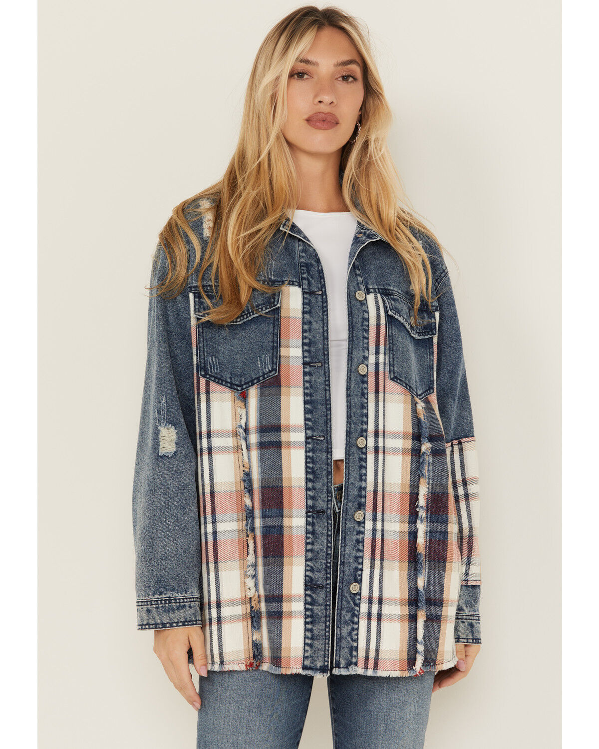 26 International Women's Plaid Print Long Sleeve Button-Down Denim Shacket