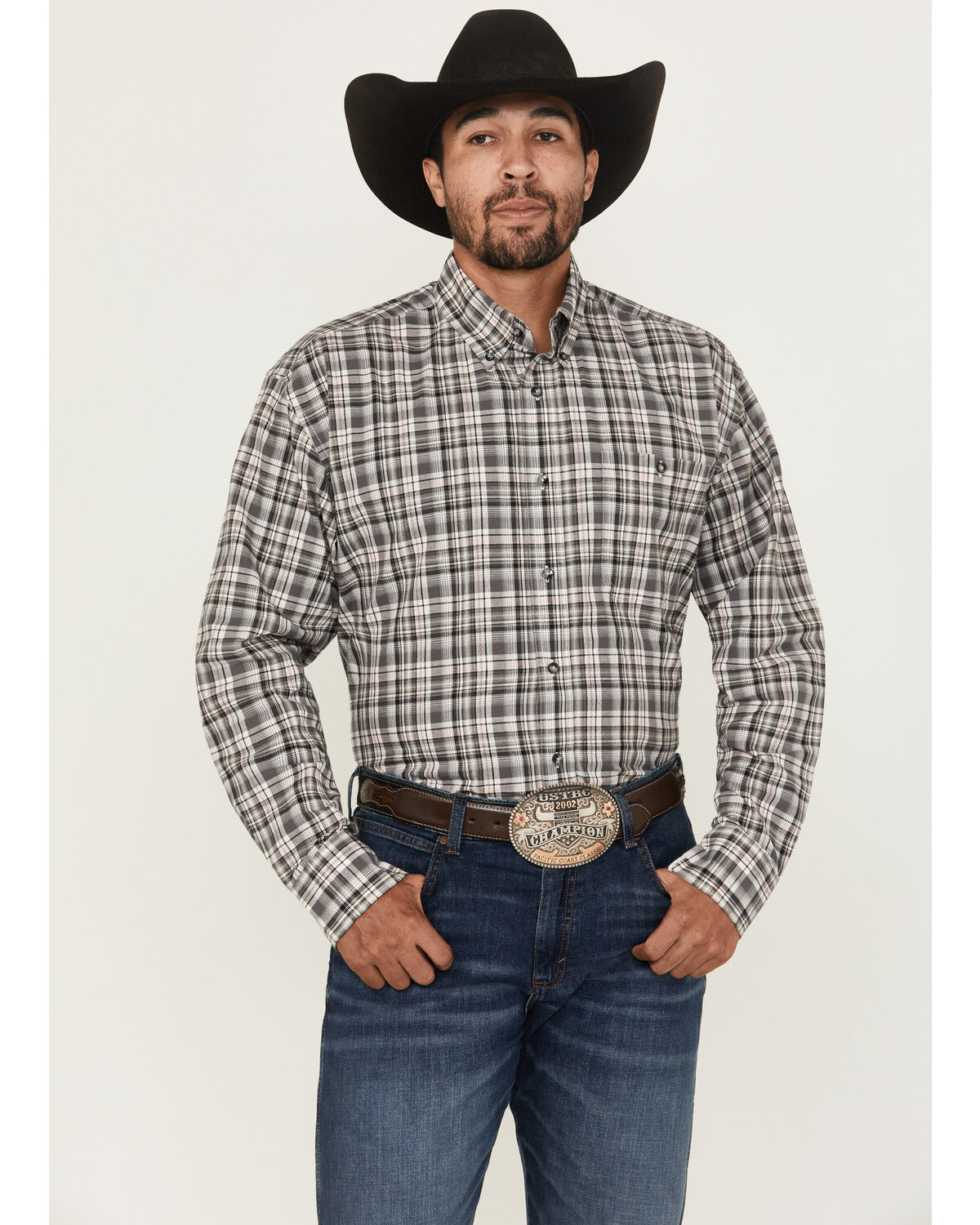 Wrangler Men's Bucking Cancer Plaid Print Long Sleeve Button-Down Western Shirt - Tall
