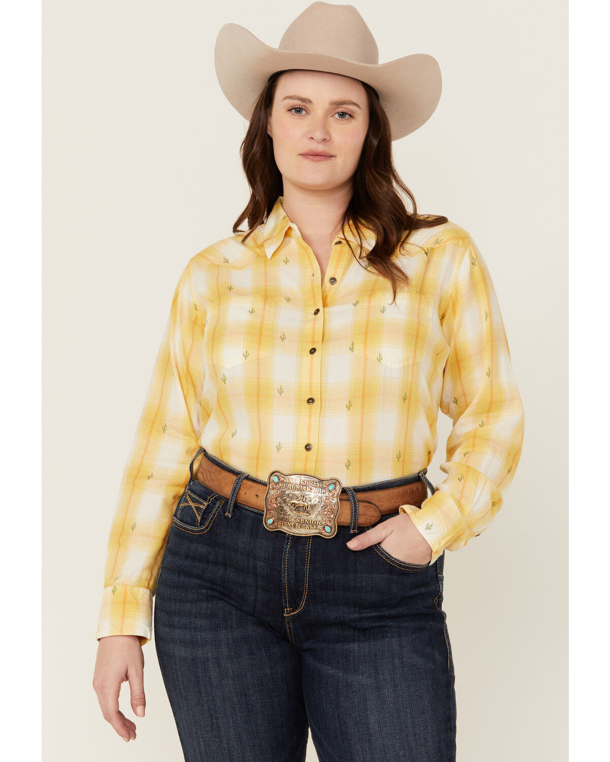 Ariat Women's Billie Jean Cactus Plaid Print Long Sleeve Button-Down Western Shirt - Plus