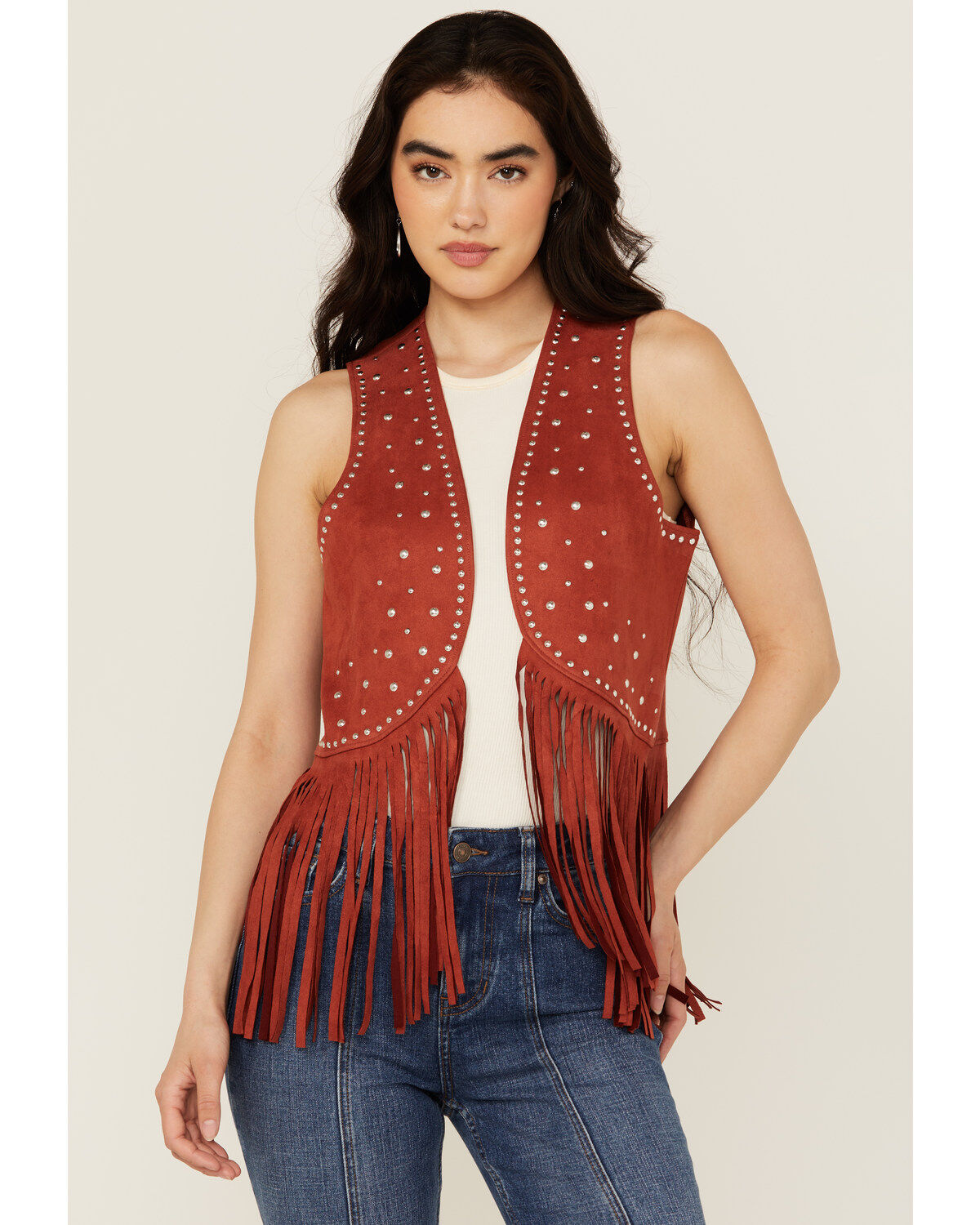 Rock & Roll Denim Women's Faux Suede Studded Fringe Vest