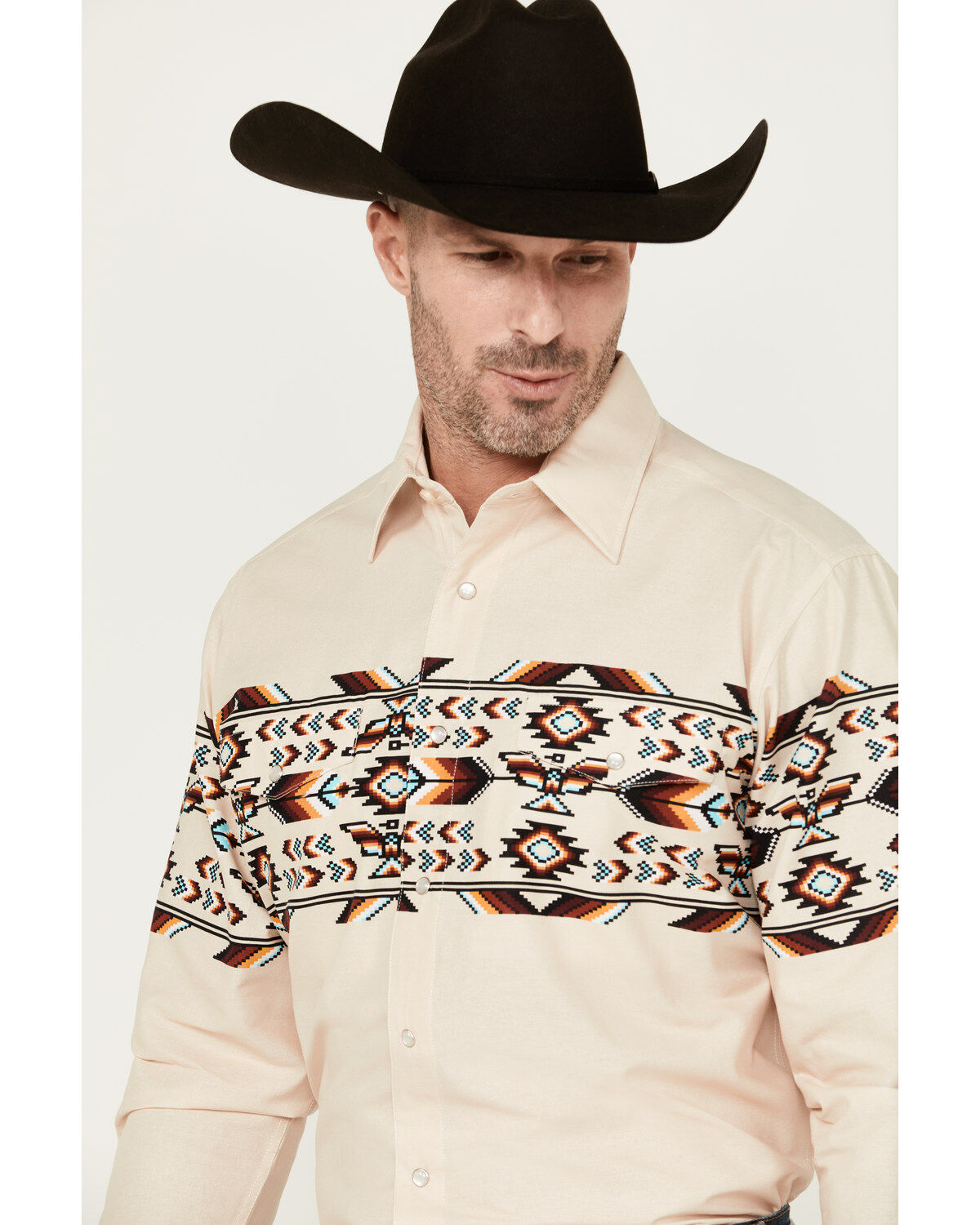 Panhandle Men's Southwestern Print Border Long Sleeve Pearl Snap Western Shirt