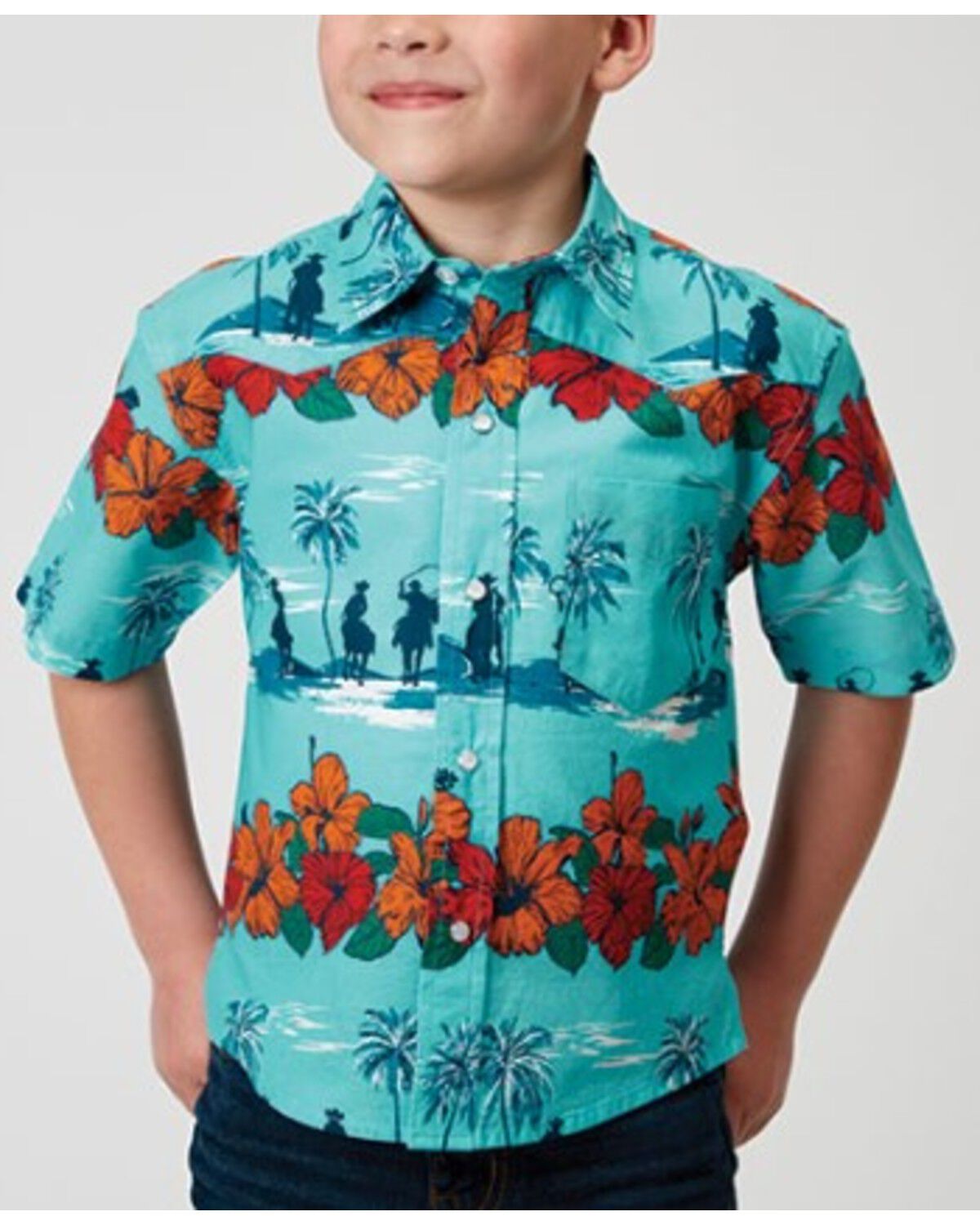 Roper Boys' Cowboy Floral Print Short Sleeve Snap Western Shirt