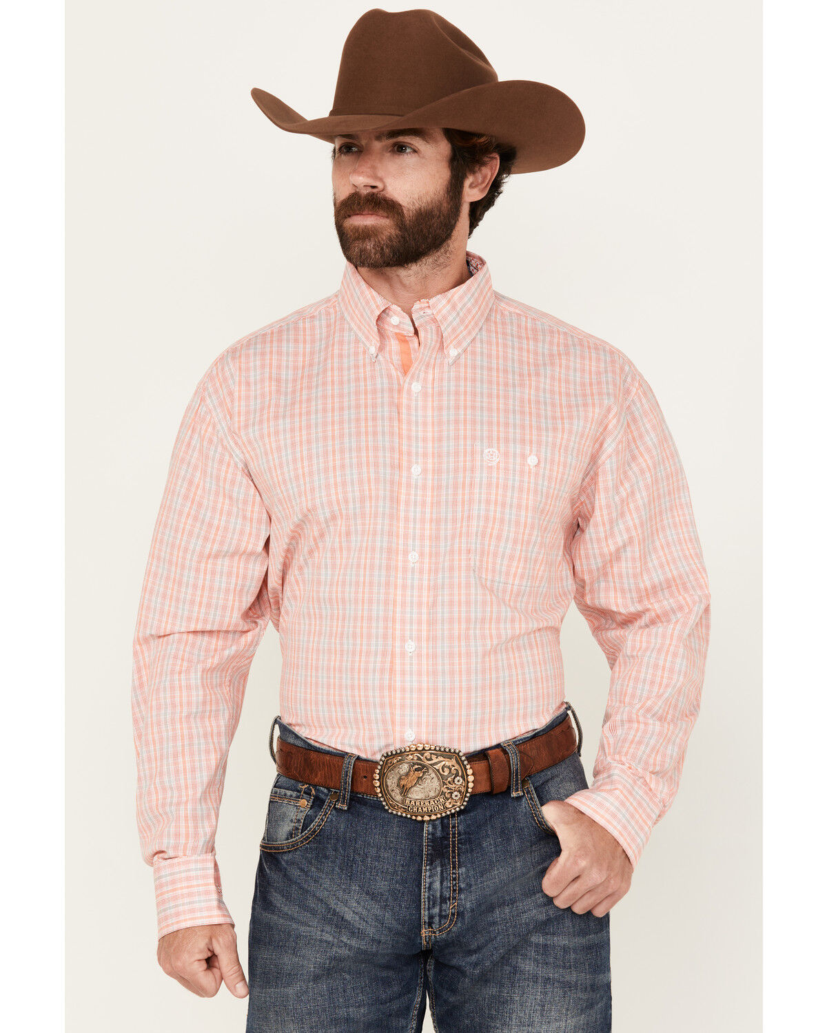 George Strait by Wrangler Men's Plaid Print Long Sleeve Button-Down Stretch Western Shirt