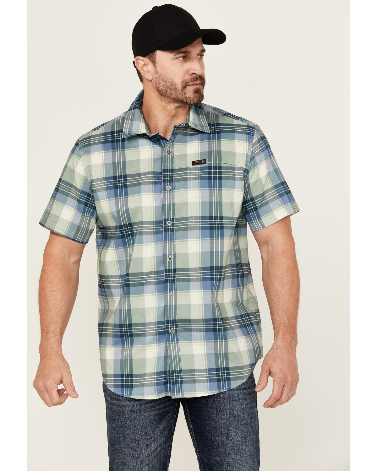 ATG by Wrangler Cedar Plaid Print Short Sleeve Button-Down Performance Western Shirt