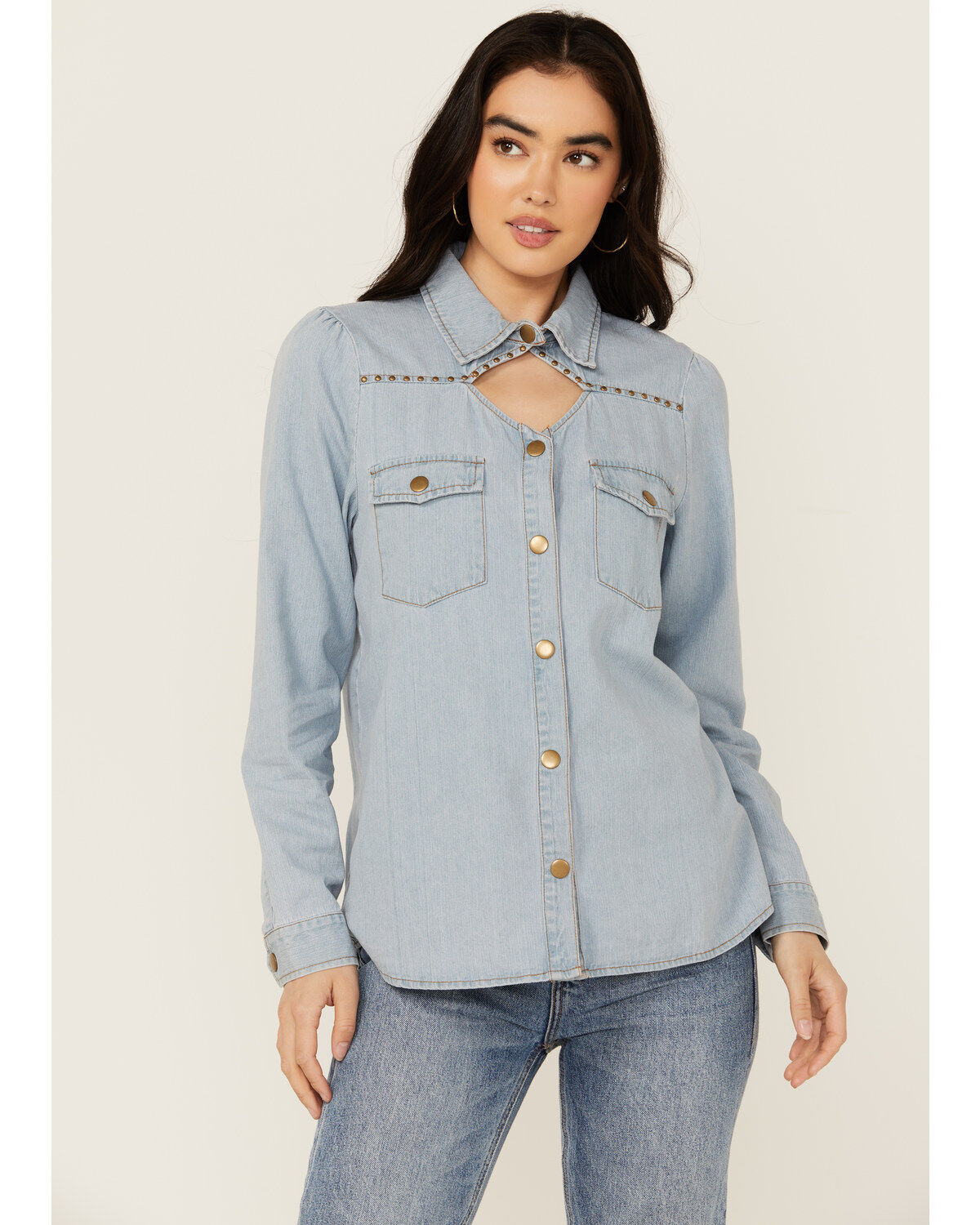 Blue B Women's Light Wash Studded Keyhole Long Sleeve Snap Denim Shirt