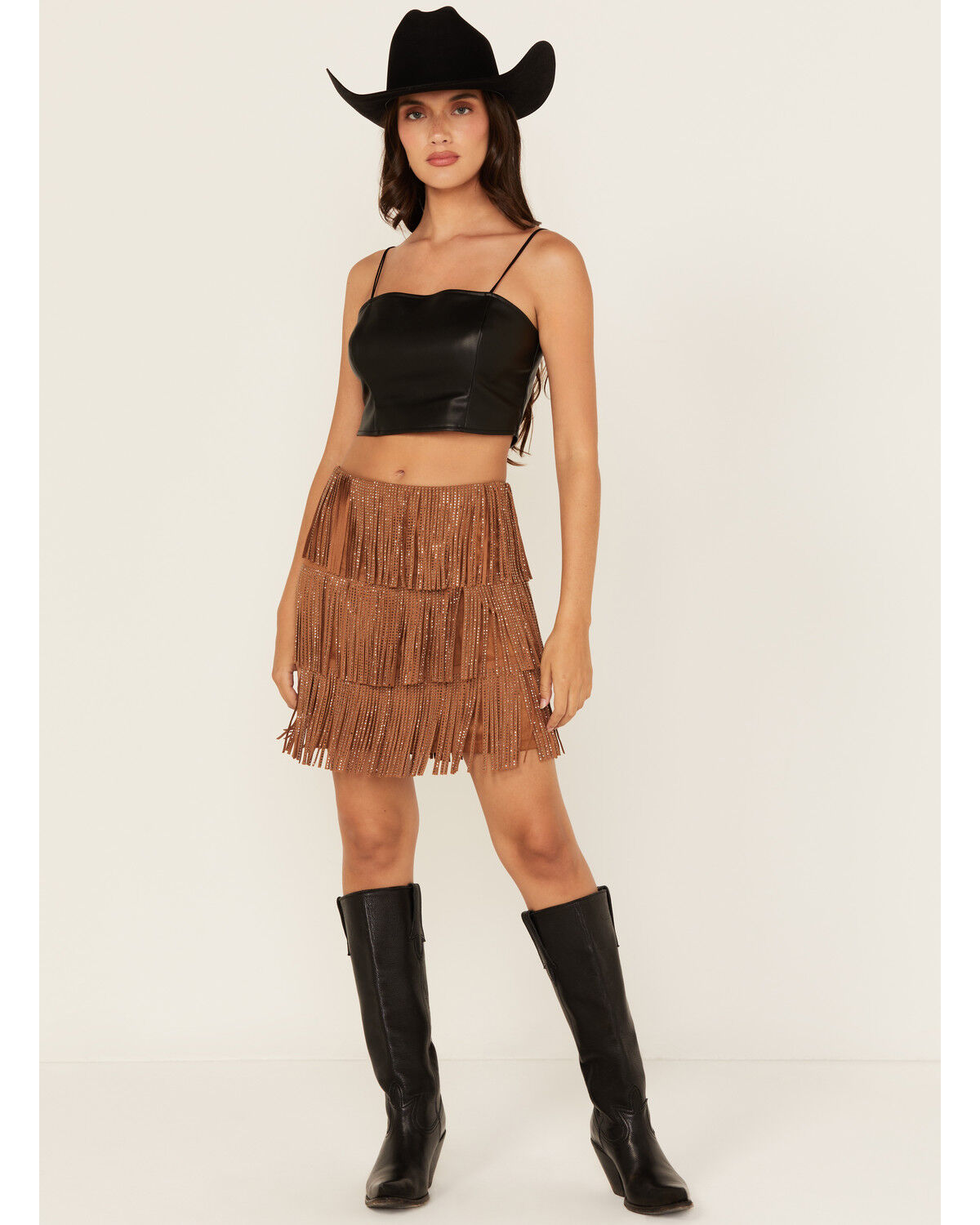 Fornia Women's Rhinestone Fringe Faux Suede Mini Skirt