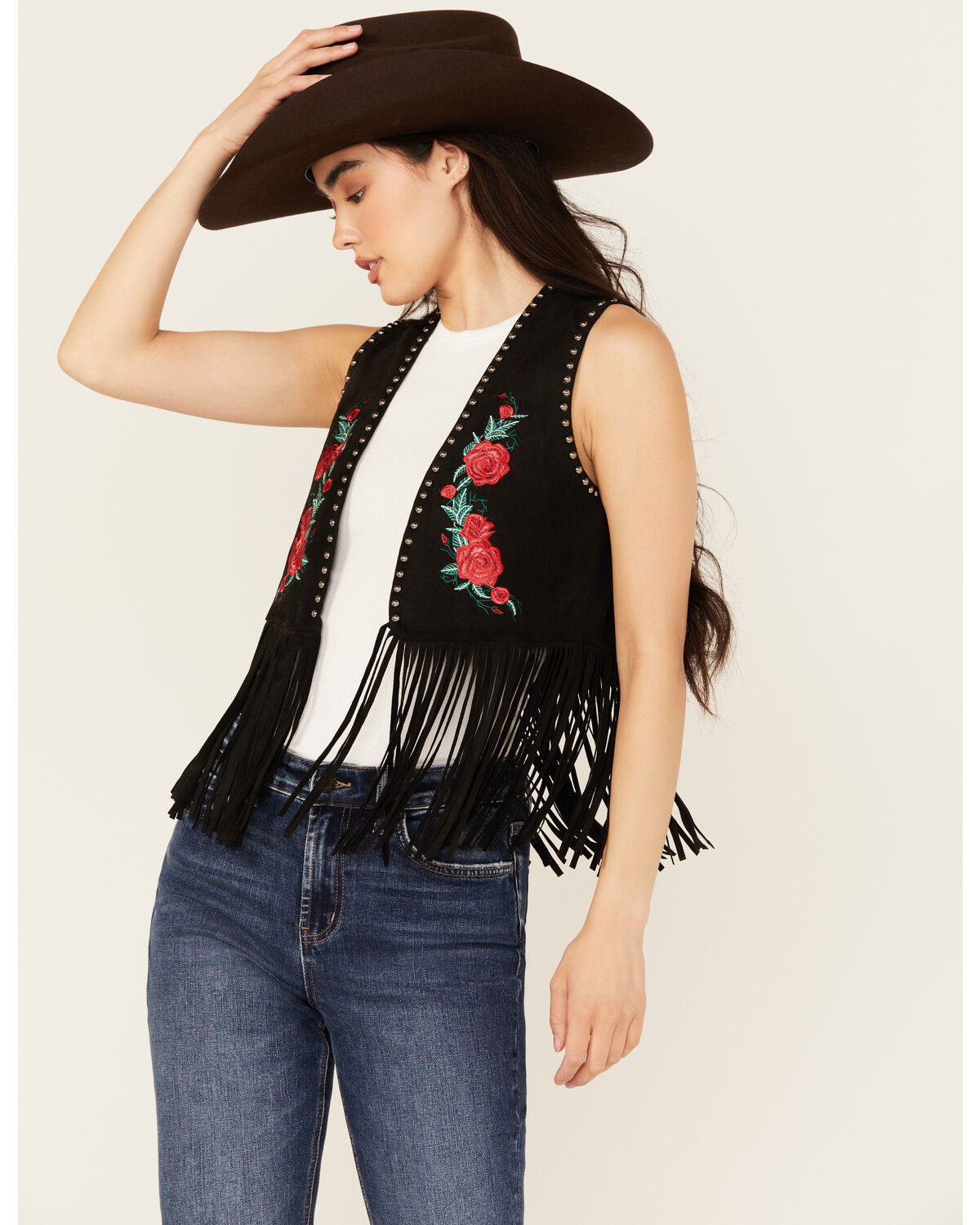 Vocal Women's Embroidered Rose Faux Suede Fringe Vest
