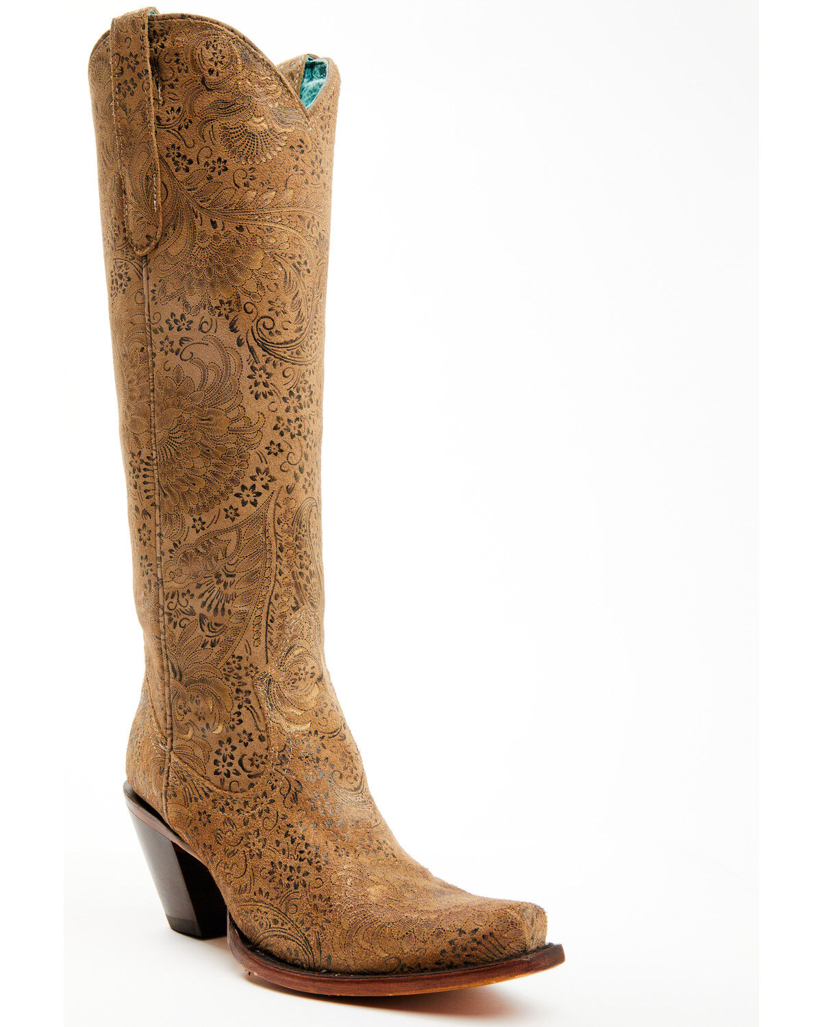 Corral Women's Stamped Floral Suede Tall Western Boots - Snip Toe